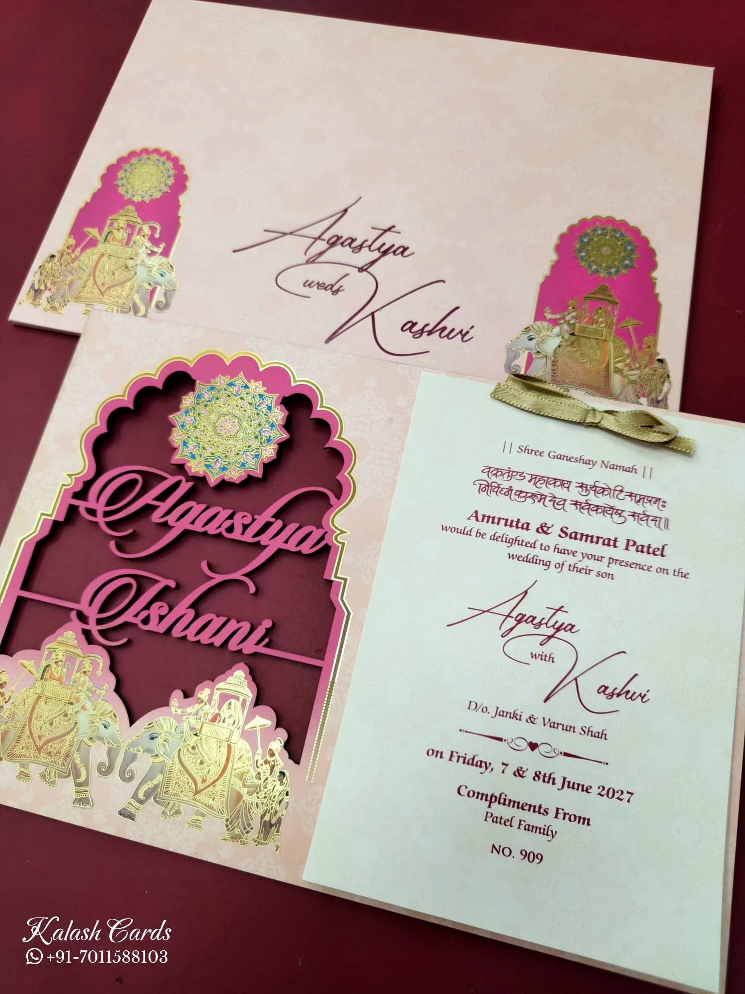 KLB693 Elephant Design Pink Color Couple Name Laser Cut MDF Thick Wedding Card (2 Page)