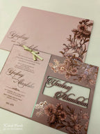 KLB694 Floral Design Pink Color Couple Name Laser Cut MDF Thick Wedding Card (2 Page)