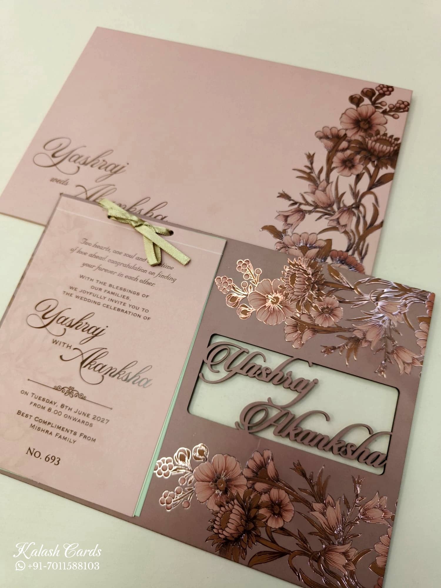KLB694 Floral Design Pink Color Couple Name Laser Cut MDF Thick Wedding Card (2 Page)