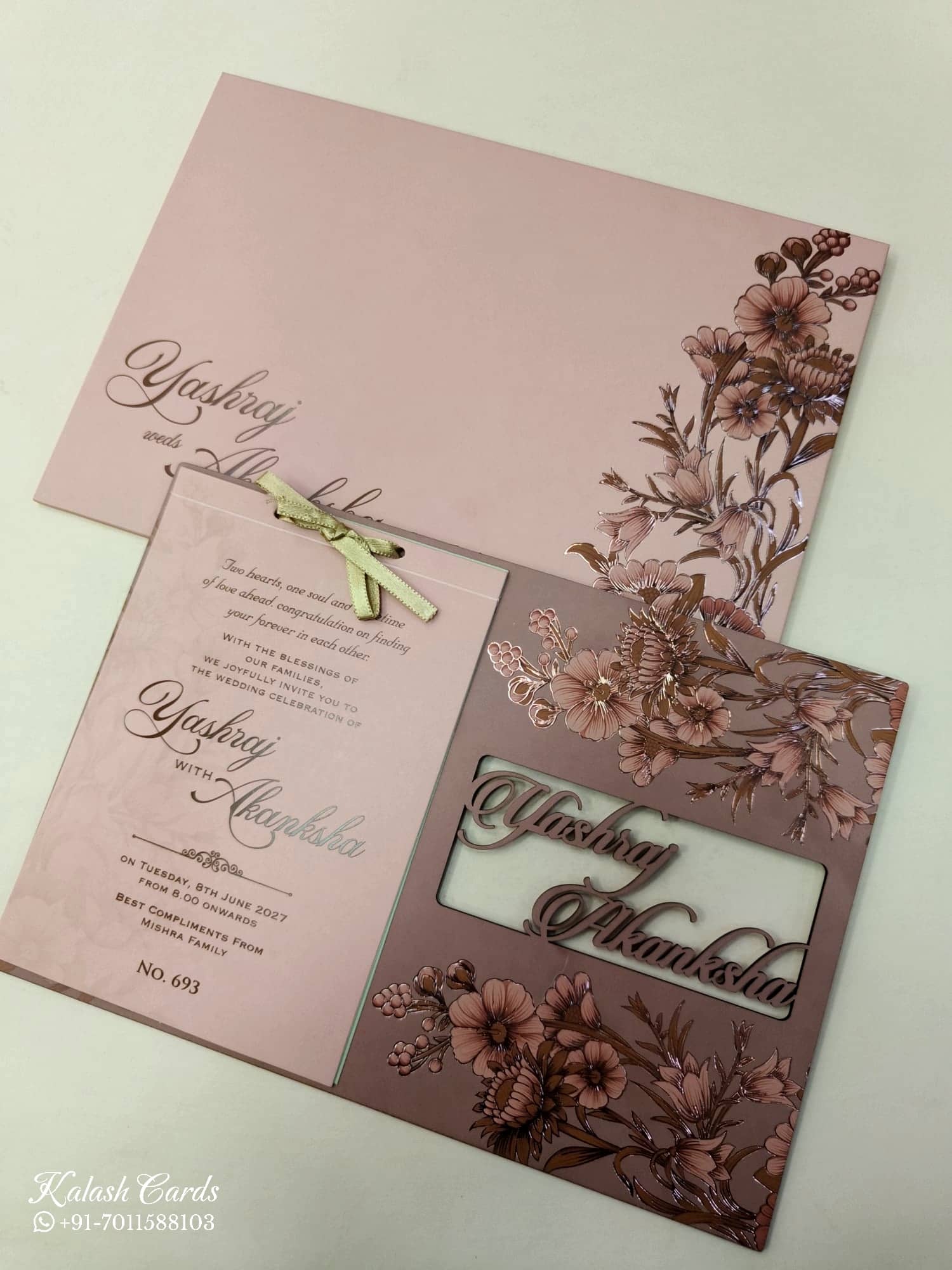 KLB694 Floral Design Pink Color Couple Name Laser Cut MDF Thick Wedding Card (2 Page)