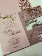 KLB694 Floral Design Pink Color Couple Name Laser Cut MDF Thick Wedding Card (2 Page)