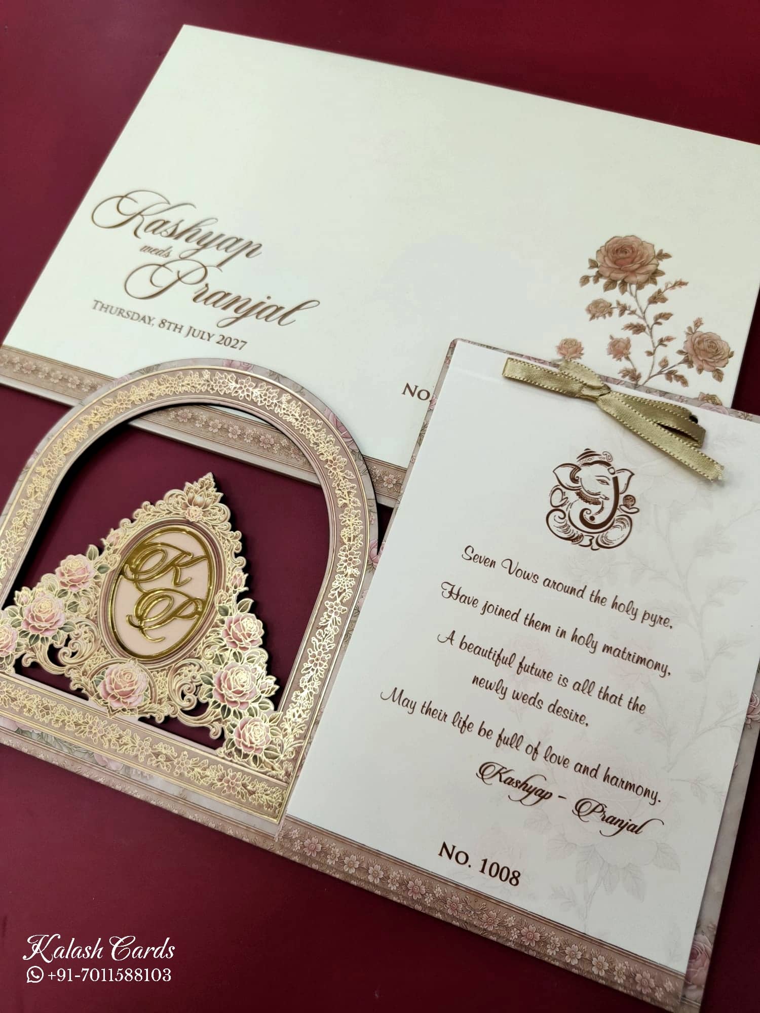KLB695 Floral Design Brown Color Laser Cut MDF Thick Wedding Card (2 Page & Couple Initial Acrylic)