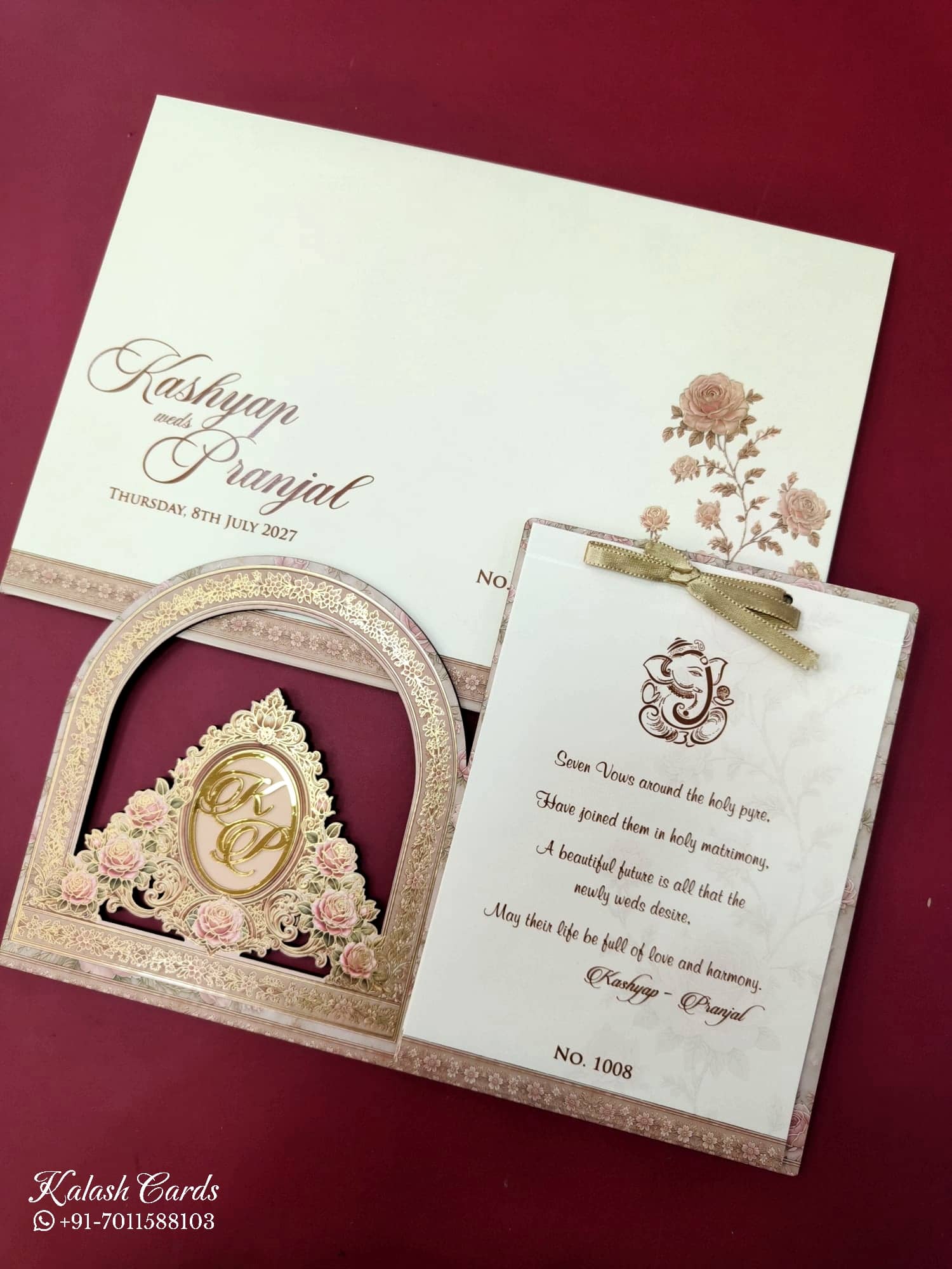 KLB695 Floral Design Brown Color Laser Cut MDF Thick Wedding Card (2 Page & Couple Initial Acrylic)