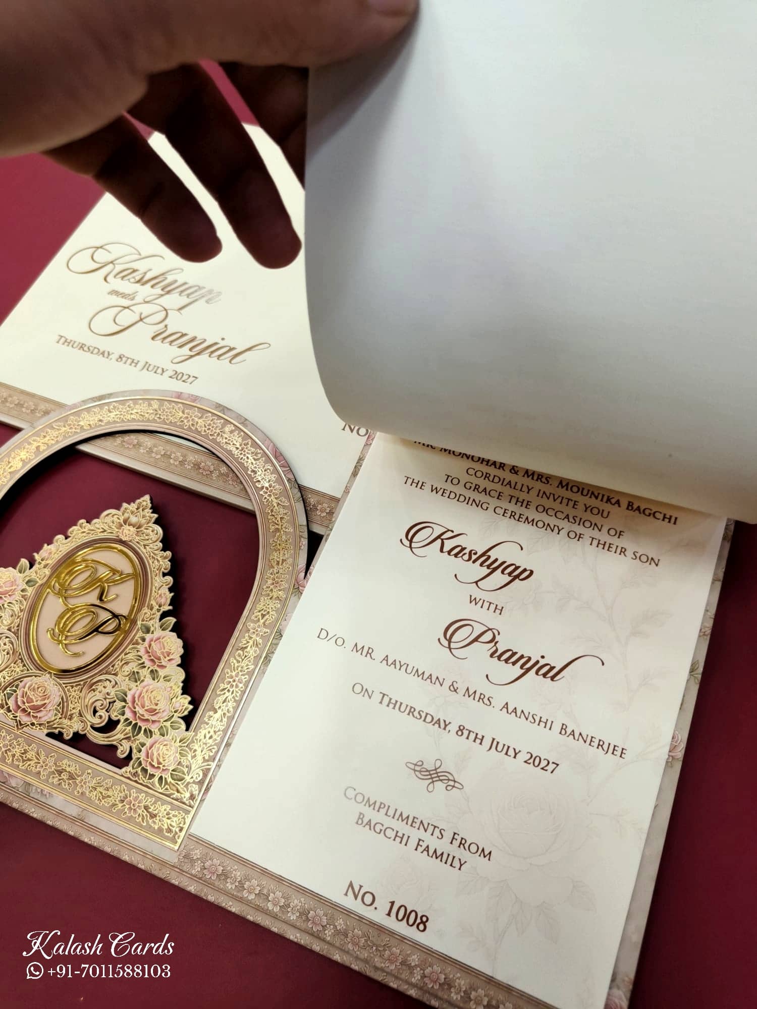 KLB695 Floral Design Brown Color Laser Cut MDF Thick Wedding Card (2 Page & Couple Initial Acrylic)