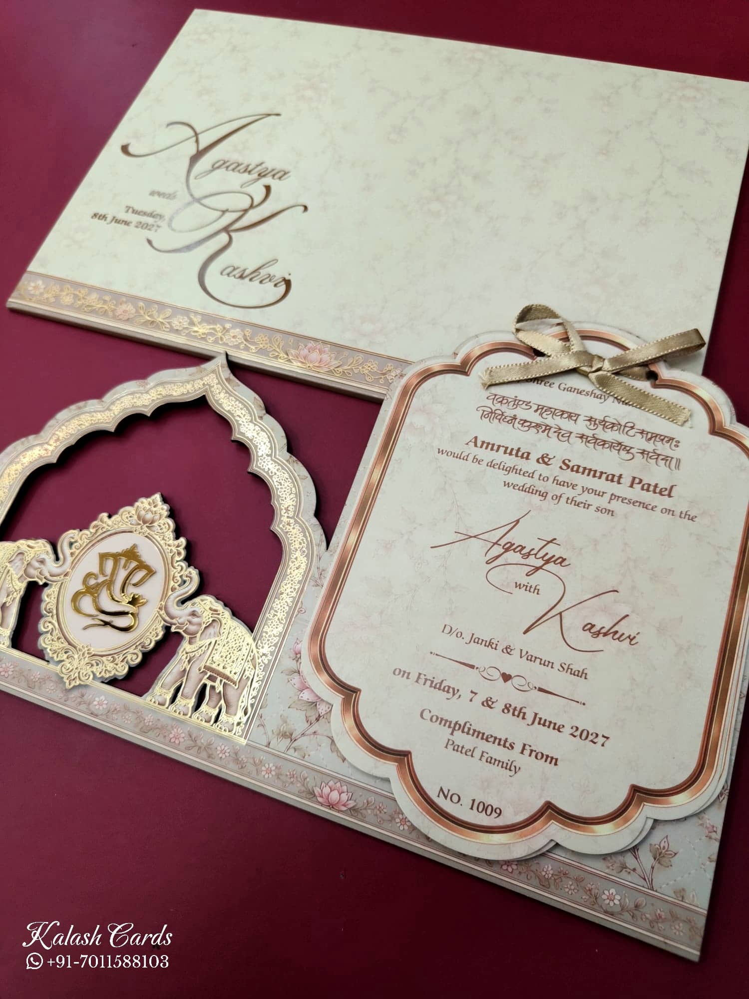 KLB696 Elephant Design Brown Color Laser Cut MDF Thick Wedding Card (2 Page)