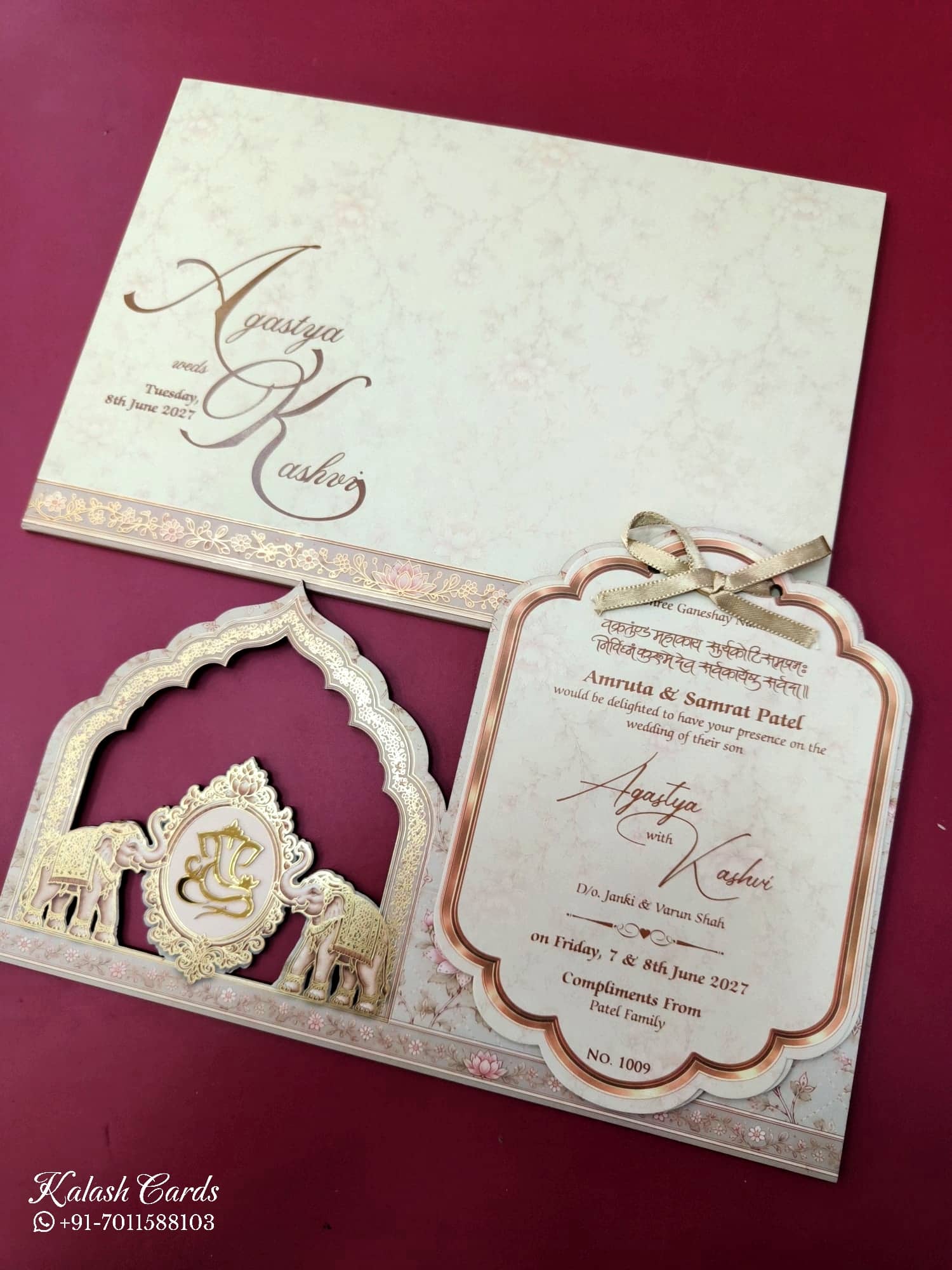 KLB696 Elephant Design Brown Color Laser Cut MDF Thick Wedding Card (2 Page)