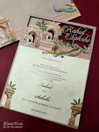 KLB697 Peacock Elephant Design Brown Color Couple Name Laser Cut MDF Thick Wedding Card (2 Page)