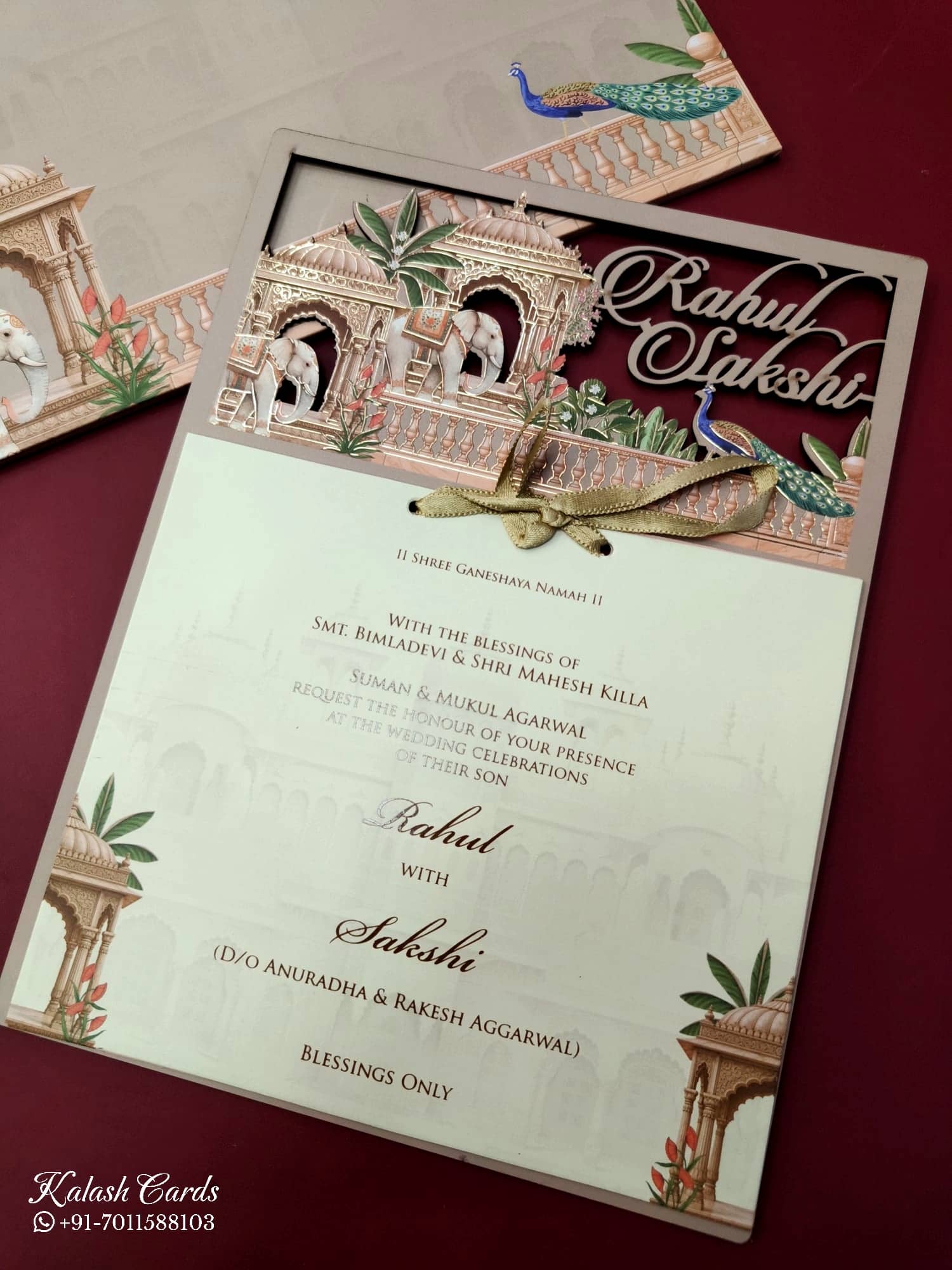 KLB697 Peacock Elephant Design Brown Color Couple Name Laser Cut MDF Thick Wedding Card (2 Page)