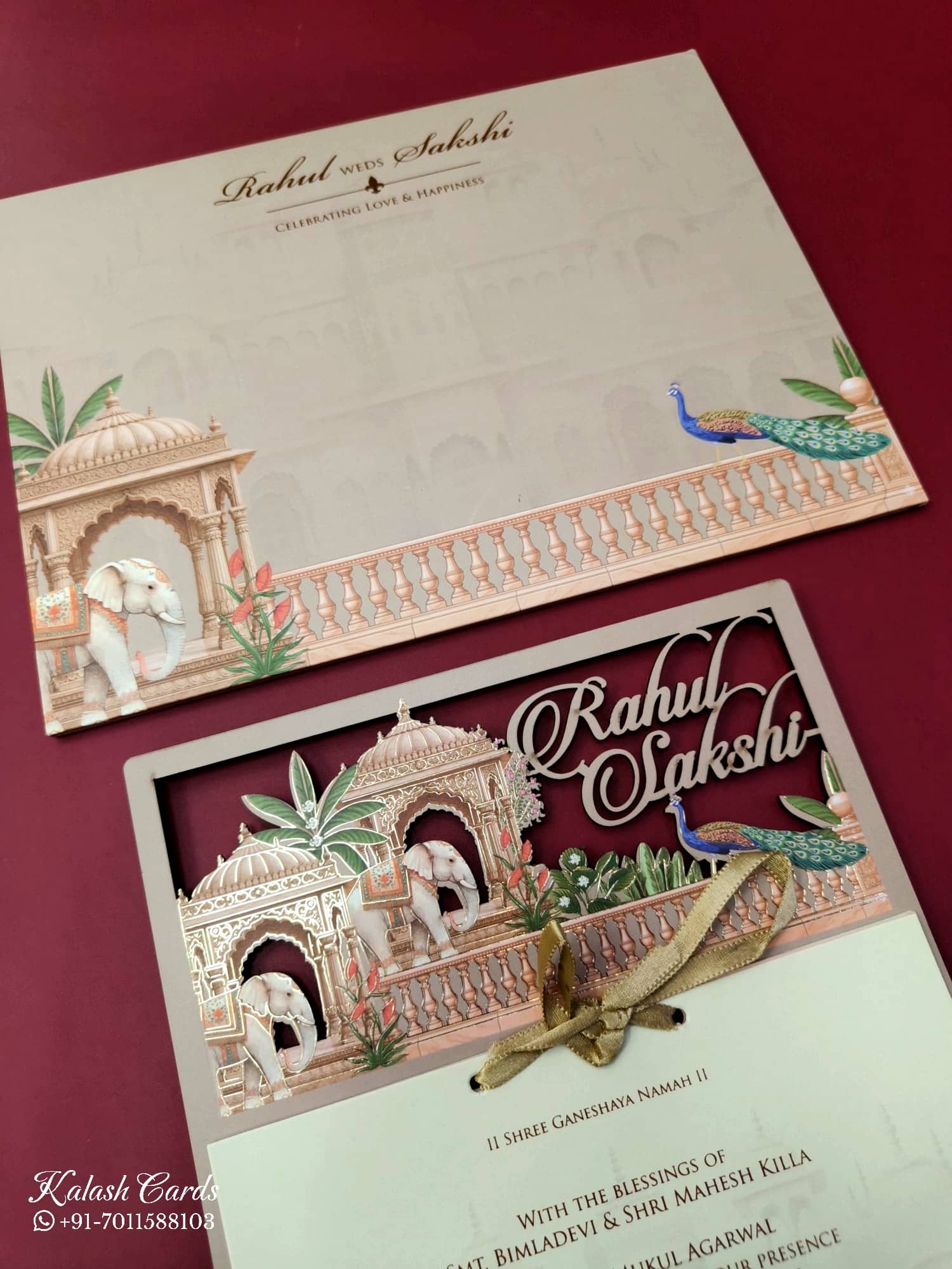 KLB697 Peacock Elephant Design Brown Color Couple Name Laser Cut MDF Thick Wedding Card (2 Page)