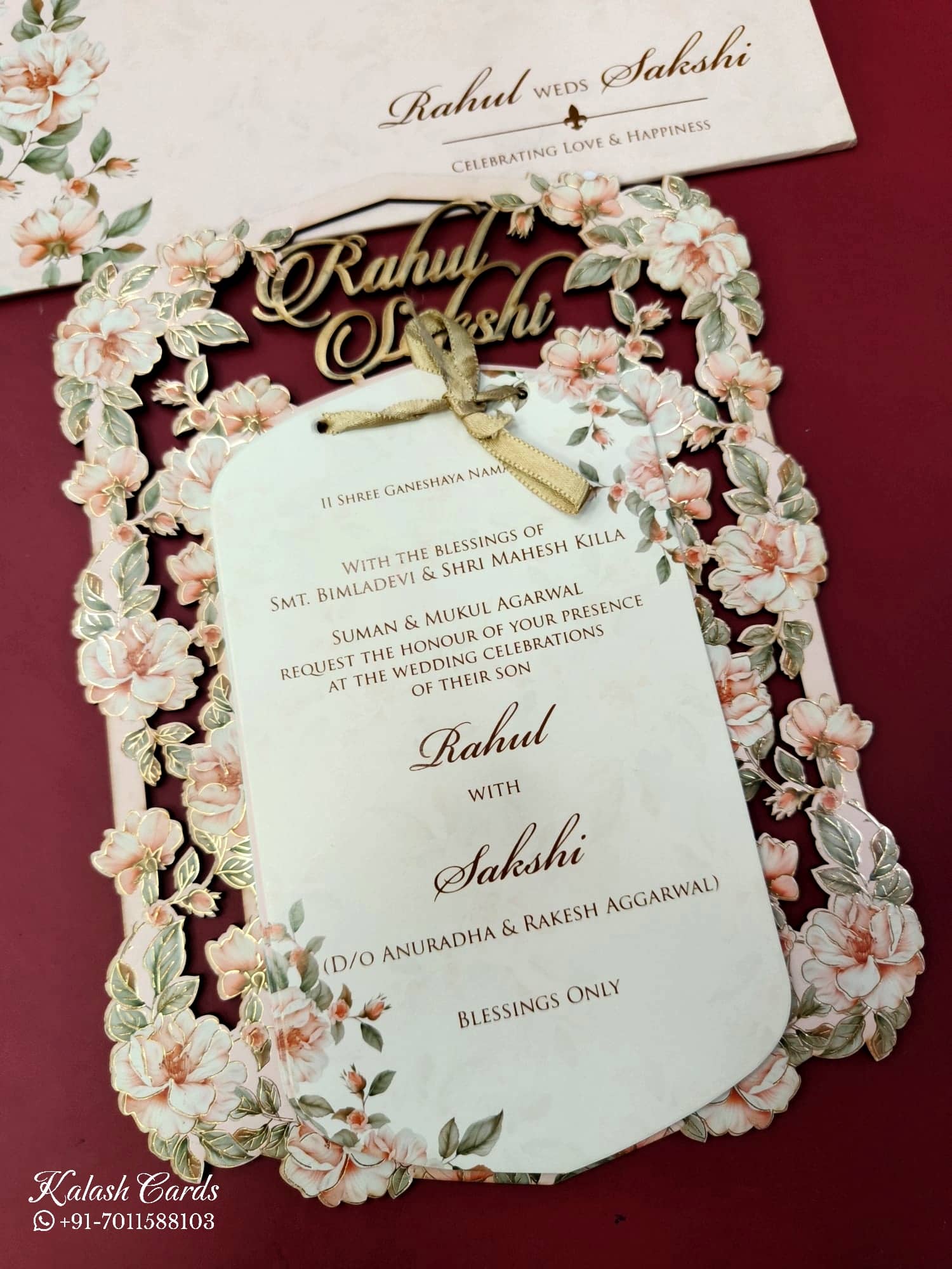 KLB698 Floral Design Creme Orange Color Couple Name Laser Cut MDF Thick Wedding Card (2 Page)