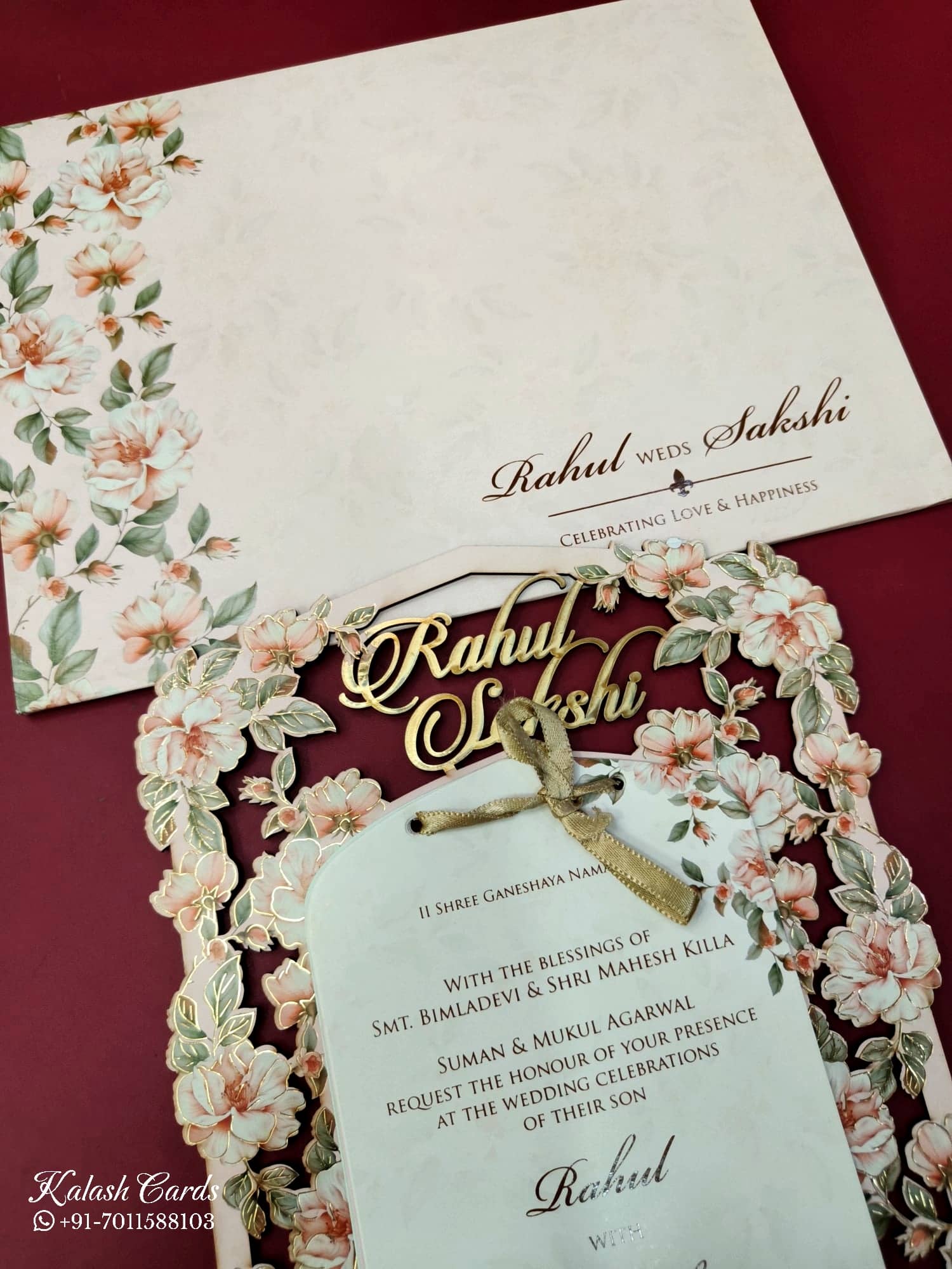 KLB698 Floral Design Creme Orange Color Couple Name Laser Cut MDF Thick Wedding Card (2 Page)