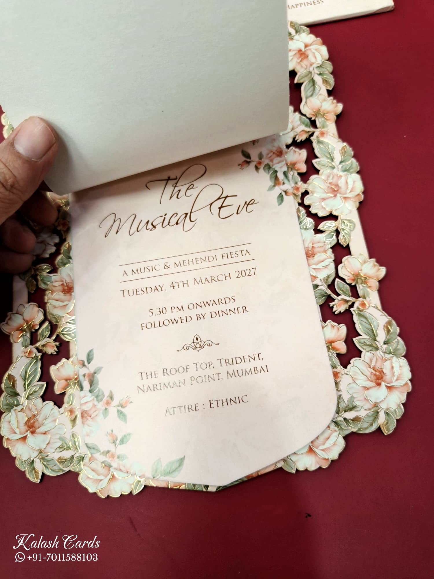 KLB698 Floral Design Creme Orange Color Couple Name Laser Cut MDF Thick Wedding Card (2 Page)