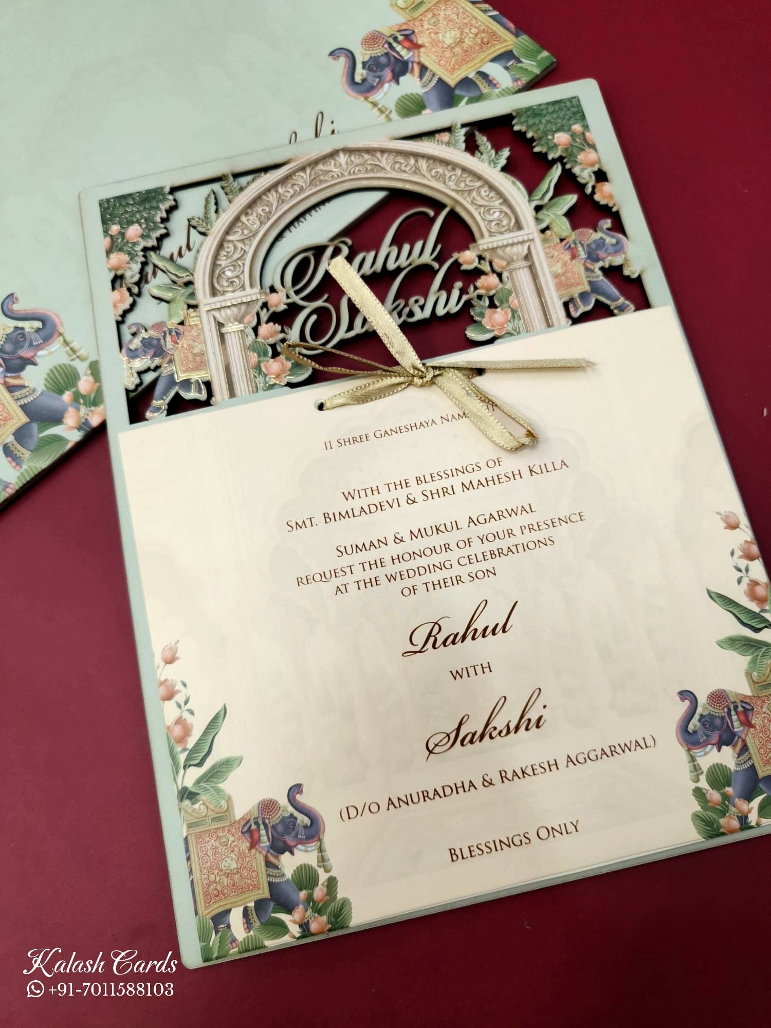 KLB699 Elephant Design Green Color Couple Name Laser Cut Wedding Card (2 Page)