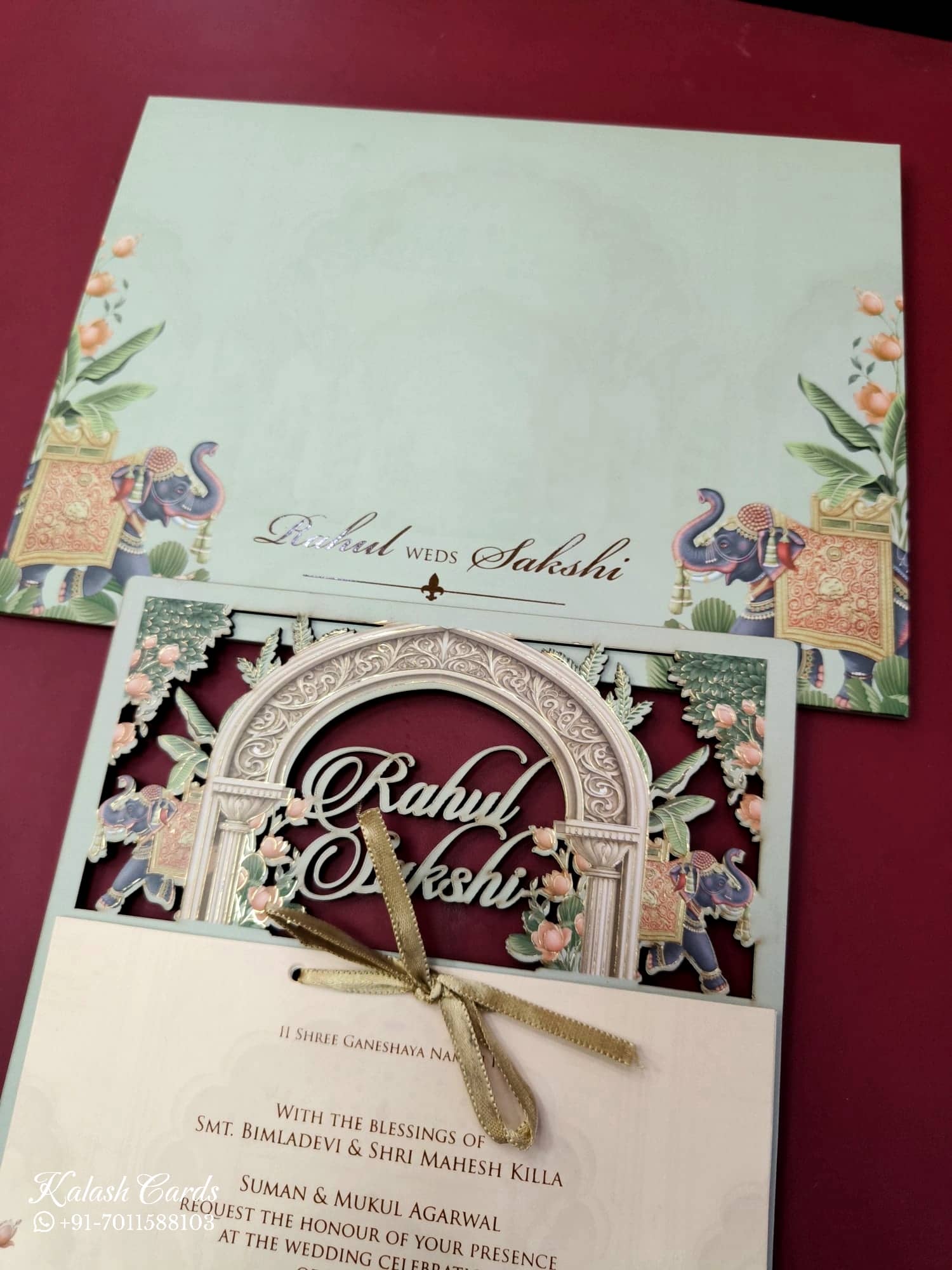 KLB699 Elephant Design Green Color Couple Name Laser Cut Wedding Card (2 Page)
