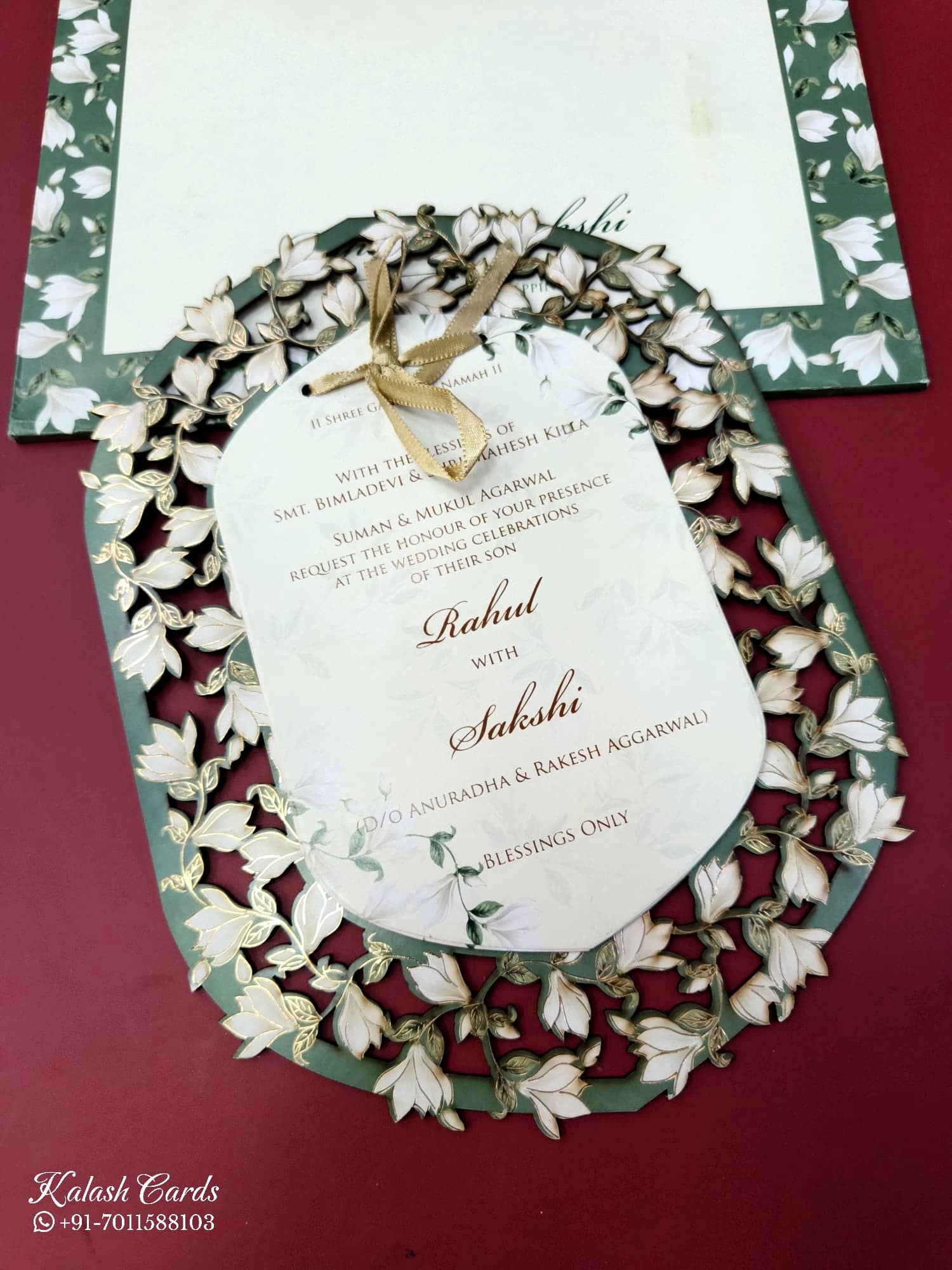 KLB700 Floral Design Green Color Laser Cut MDF Thick Wedding Card (2 Page)