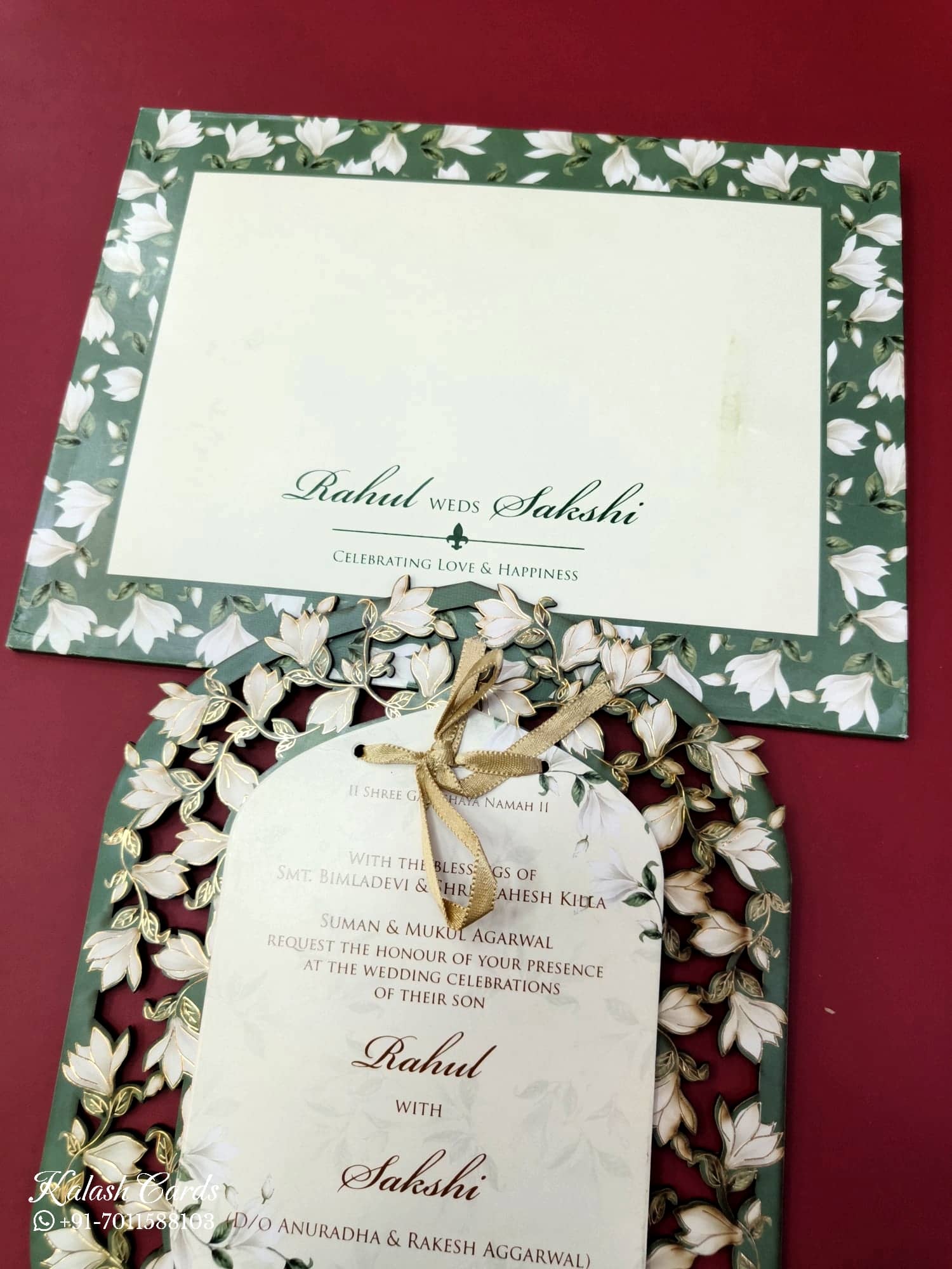 KLB700 Floral Design Green Color Laser Cut MDF Thick Wedding Card (2 Page)