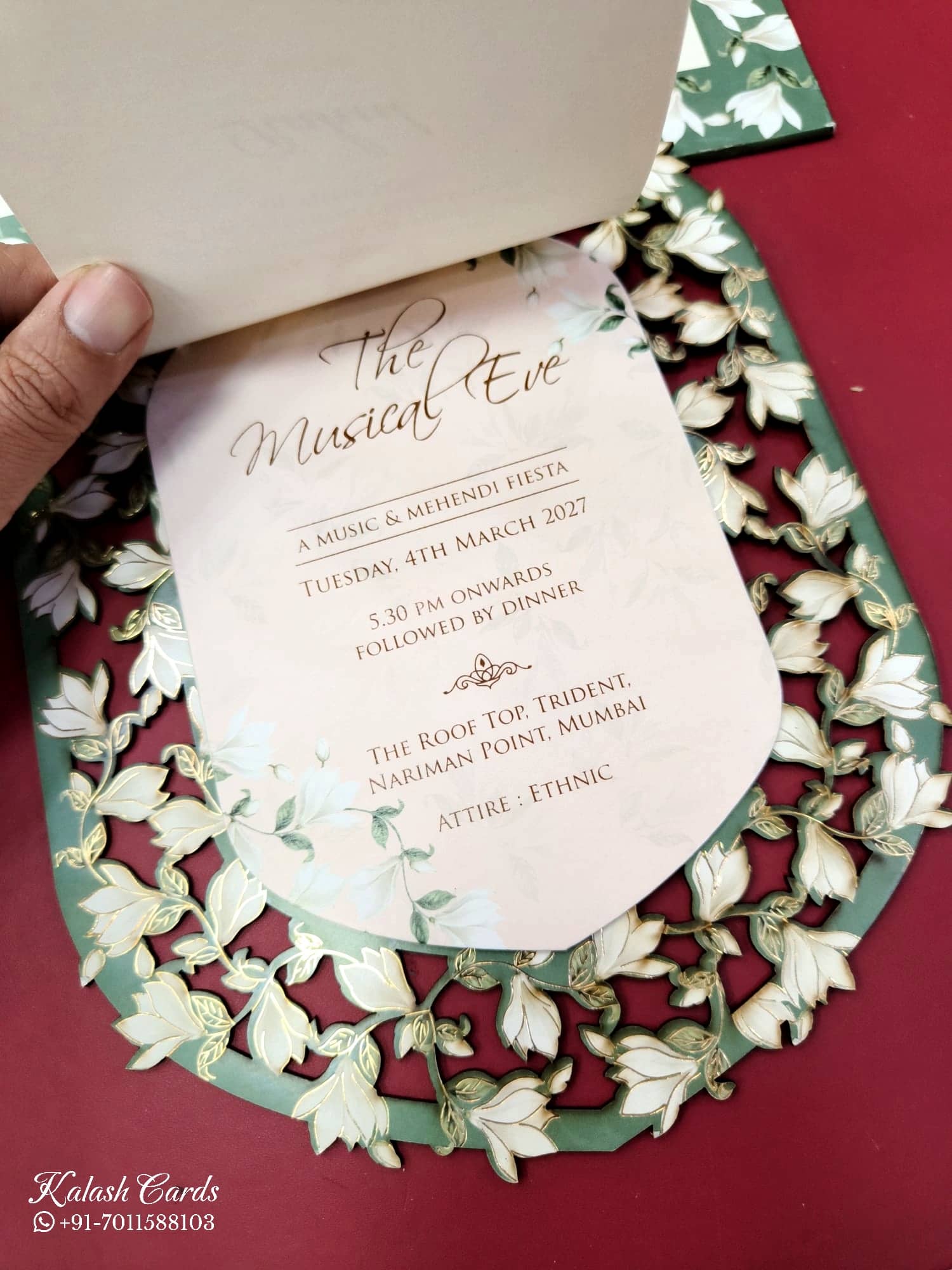 KLB700 Floral Design Green Color Laser Cut MDF Thick Wedding Card (2 Page)