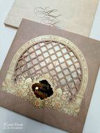 KLB701 Royal Fort Design Creme Brown Color Laser Cut Hardboard Padding Thick Wedding Card (2 Page & Couple Name Acrylic)