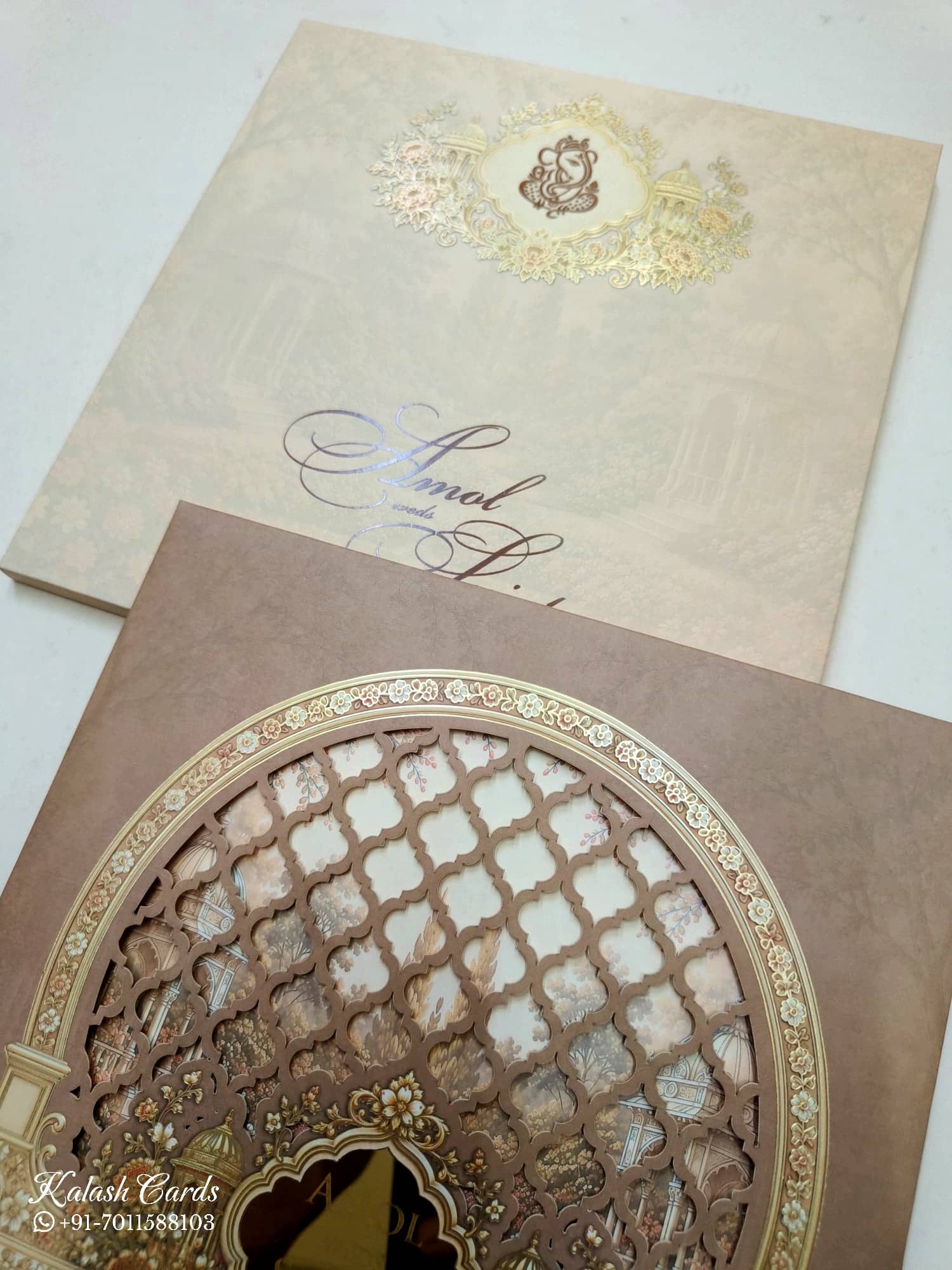 KLB701 Royal Fort Design Creme Brown Color Laser Cut Hardboard Padding Thick Wedding Card (2 Page & Couple Name Acrylic)