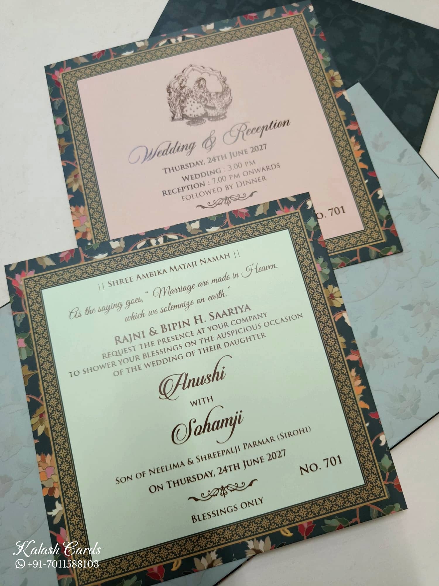 KLB702 Floral Design Grey Color Hardboard Padding Thick Wedding Card (2 Page & Couple Name Acrylic)