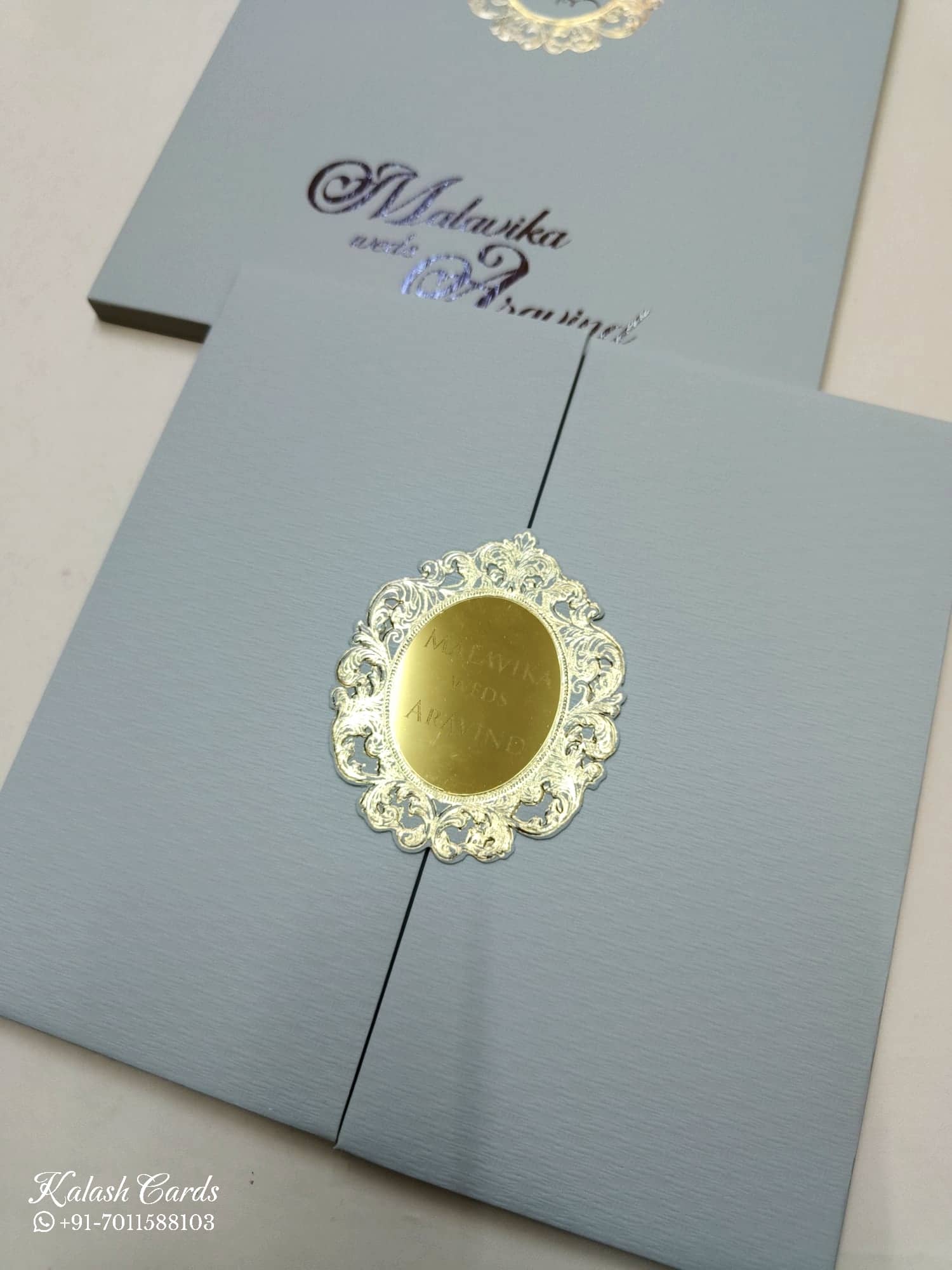 KLB703 Grey Color Leatherette Double Door Style Hardboard Padding Thick Wedding Card (2 Page & Couple Name Acrylic)