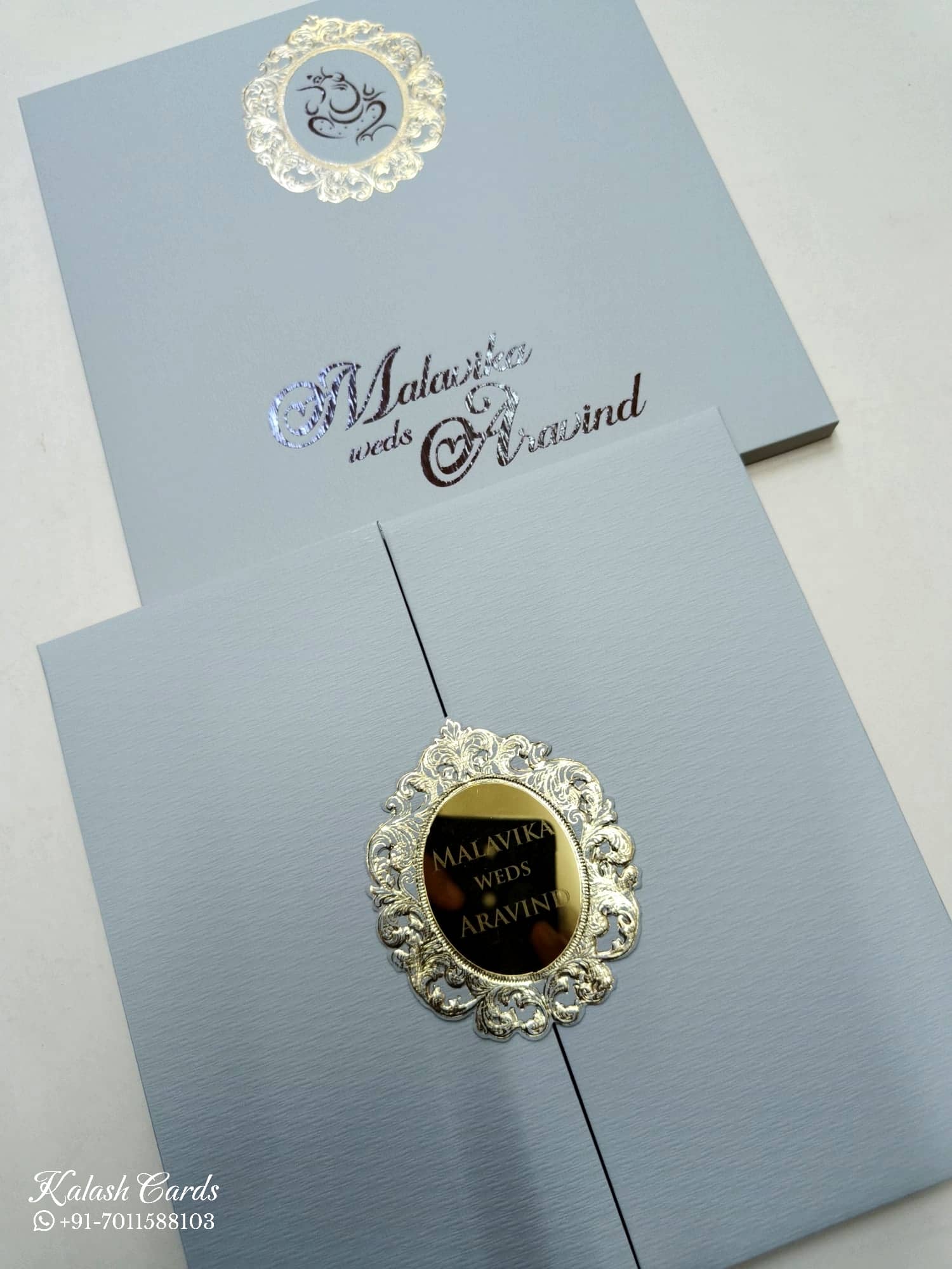 KLB703 Grey Color Leatherette Double Door Style Hardboard Padding Thick Wedding Card (2 Page & Couple Name Acrylic)