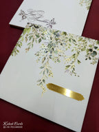 KLB704 Floral Design White Green Color Hardboard Padding Thick Wedding Card (2 Page & Couple Name Acrylic)