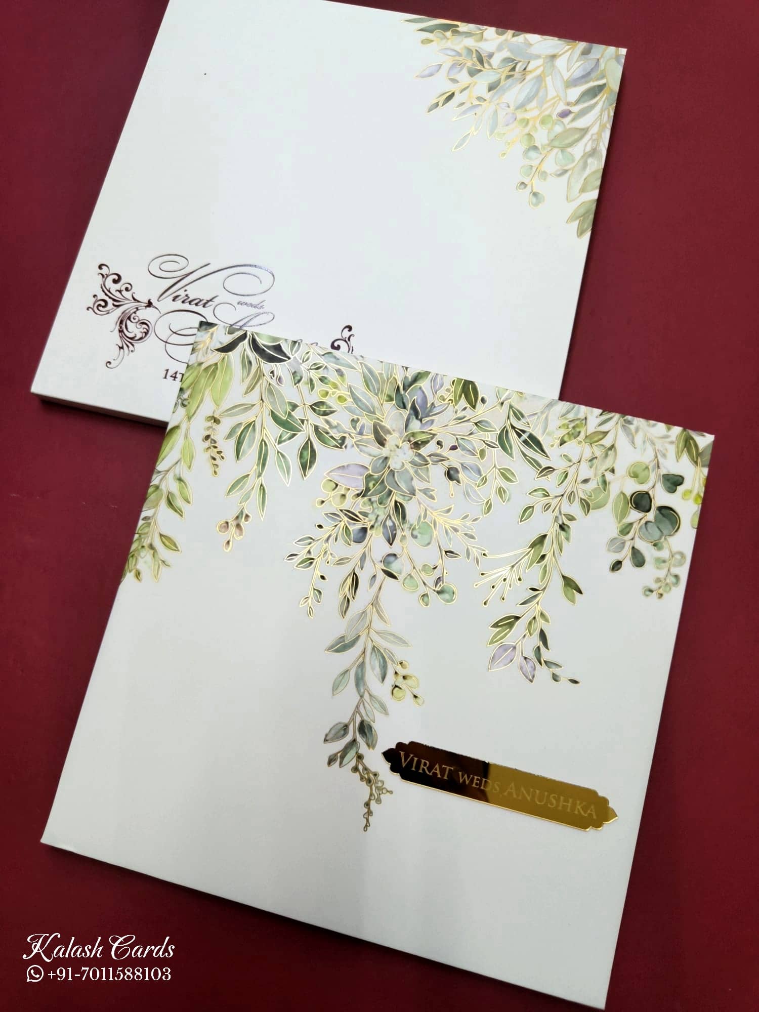KLB704 Floral Design White Green Color Hardboard Padding Thick Wedding Card (2 Page & Couple Name Acrylic)