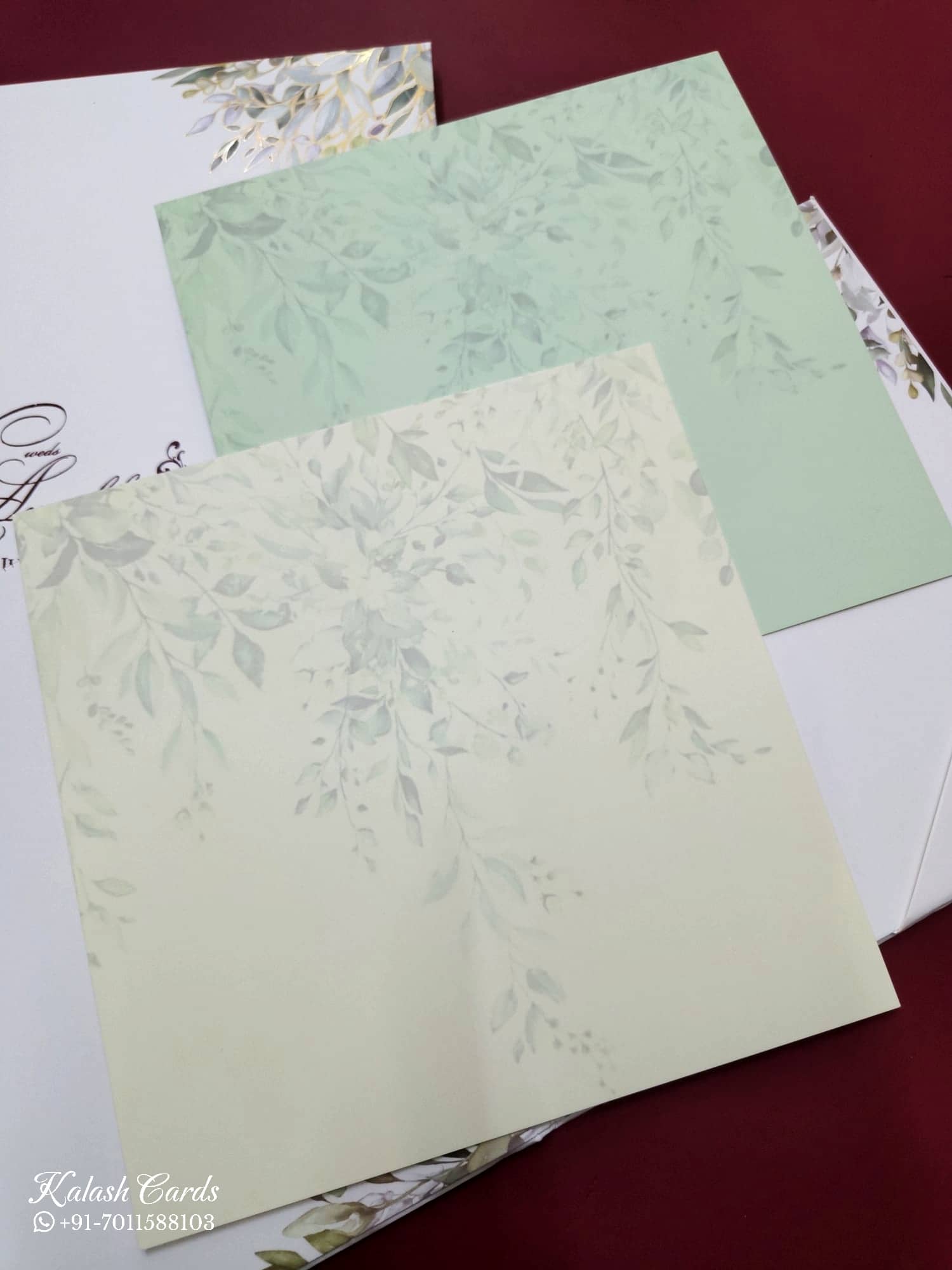 KLB704 Floral Design White Green Color Hardboard Padding Thick Wedding Card (2 Page & Couple Name Acrylic)