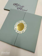 KLB705 Green Grey Color Leatherette Double Door Style Hardboard Padding Thick Wedding Card (2 Page & Couple Initial Acrylic)