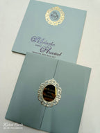 KLB705 Green Grey Color Leatherette Double Door Style Hardboard Padding Thick Wedding Card (2 Page & Couple Initial Acrylic)