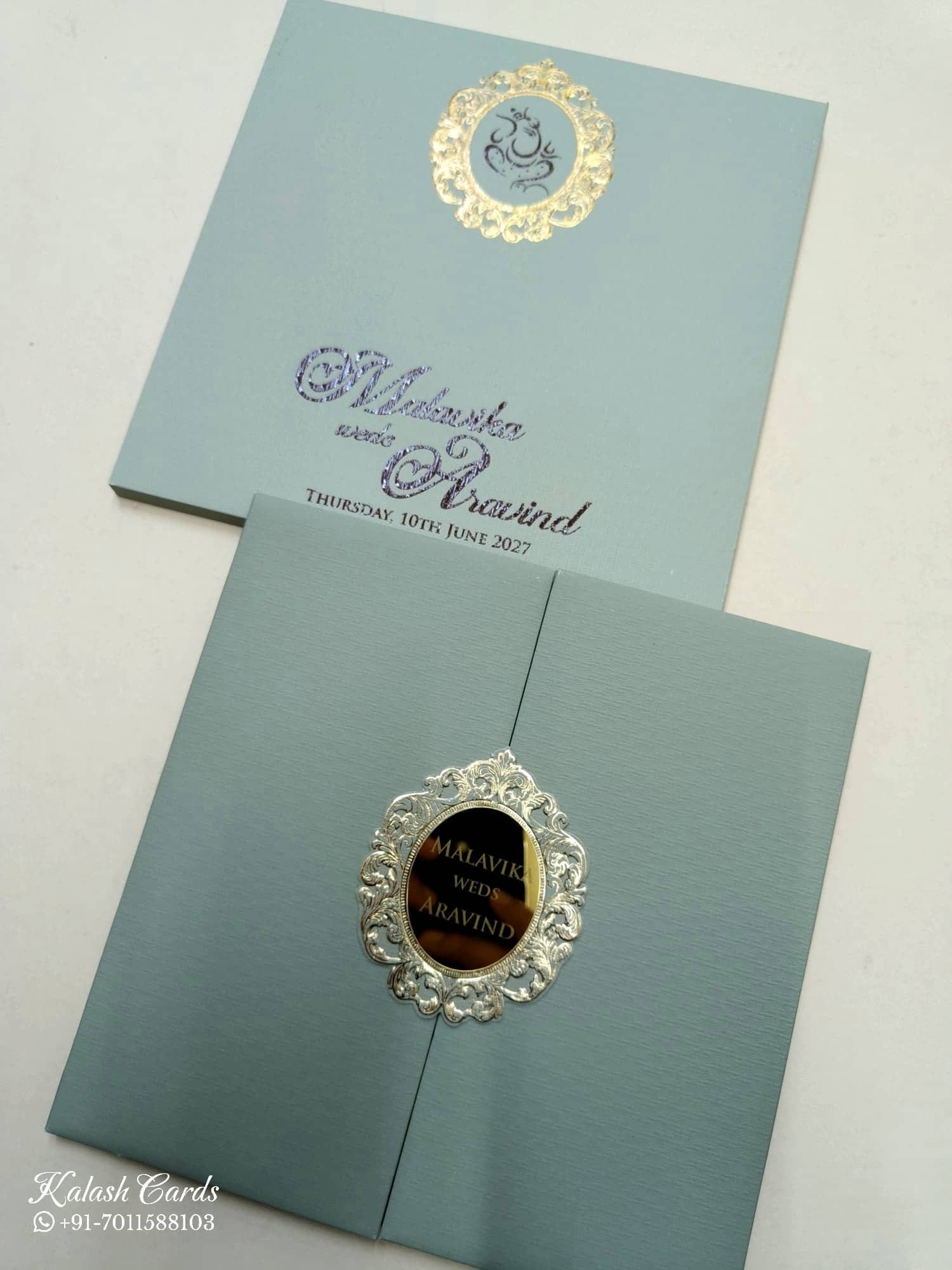 KLB705 Green Grey Color Leatherette Double Door Style Hardboard Padding Thick Wedding Card (2 Page & Couple Initial Acrylic)