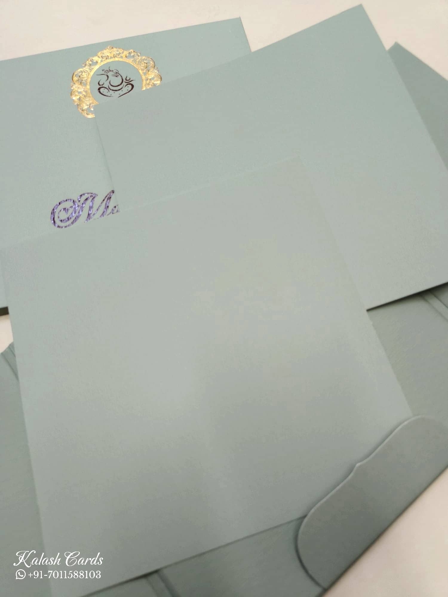 KLB705 Green Grey Color Leatherette Double Door Style Hardboard Padding Thick Wedding Card (2 Page & Couple Initial Acrylic)