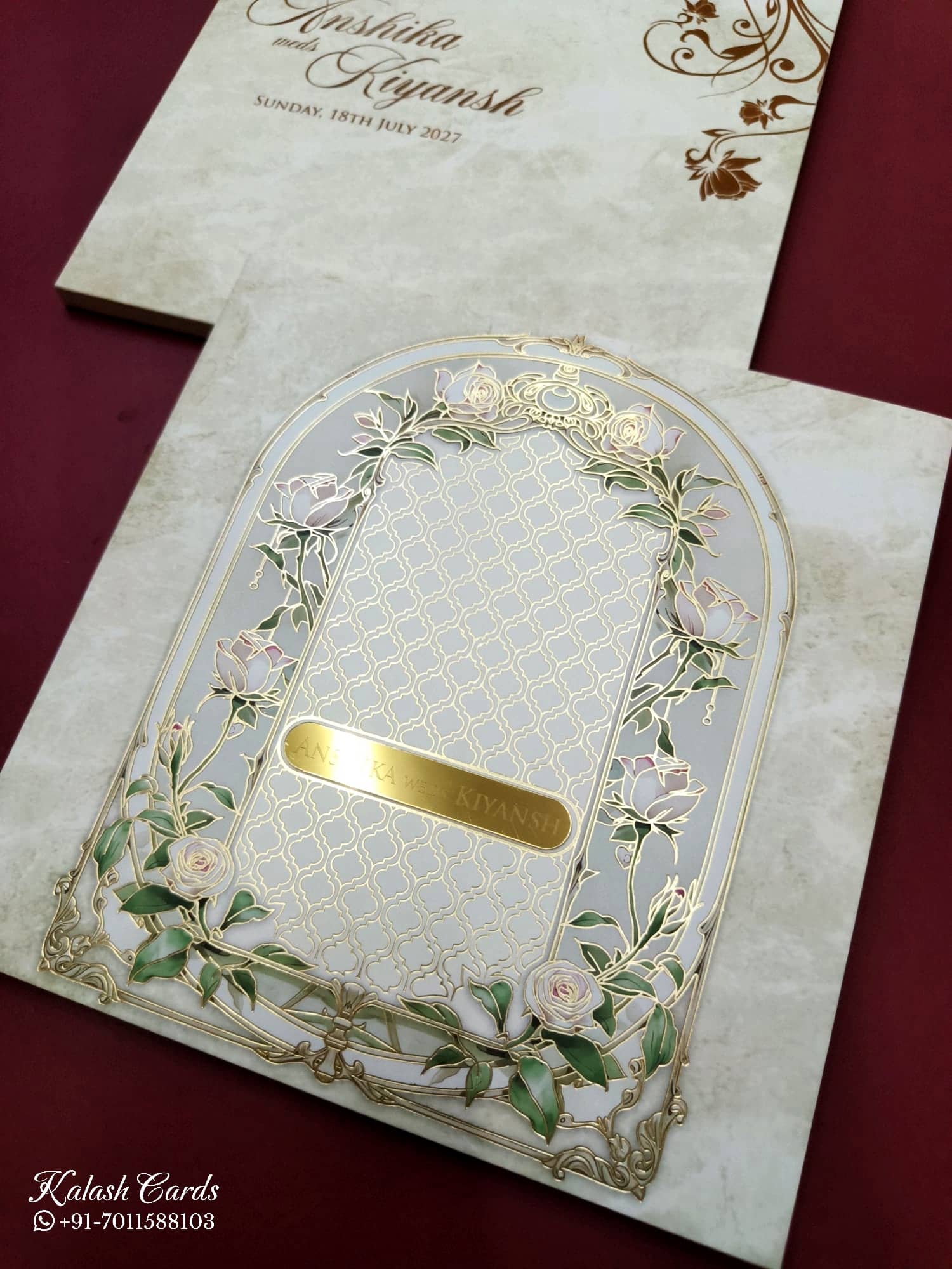KLB706 Floral Design White Green Color Hardboard Padding Thick Wedding Card (2 Page & Couple Name Acrylic)