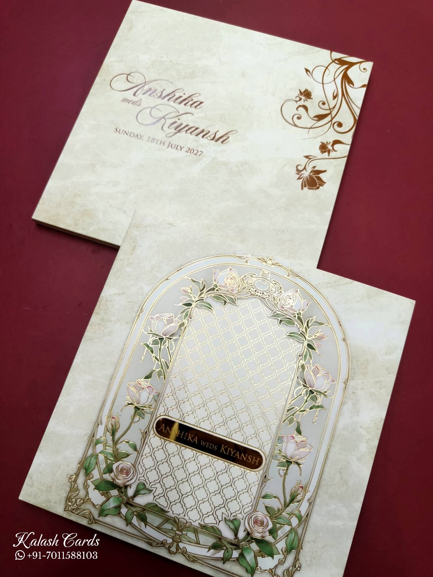 KLB706 Floral Design White Green Color Hardboard Padding Thick Wedding Card (2 Page & Couple Name Acrylic)