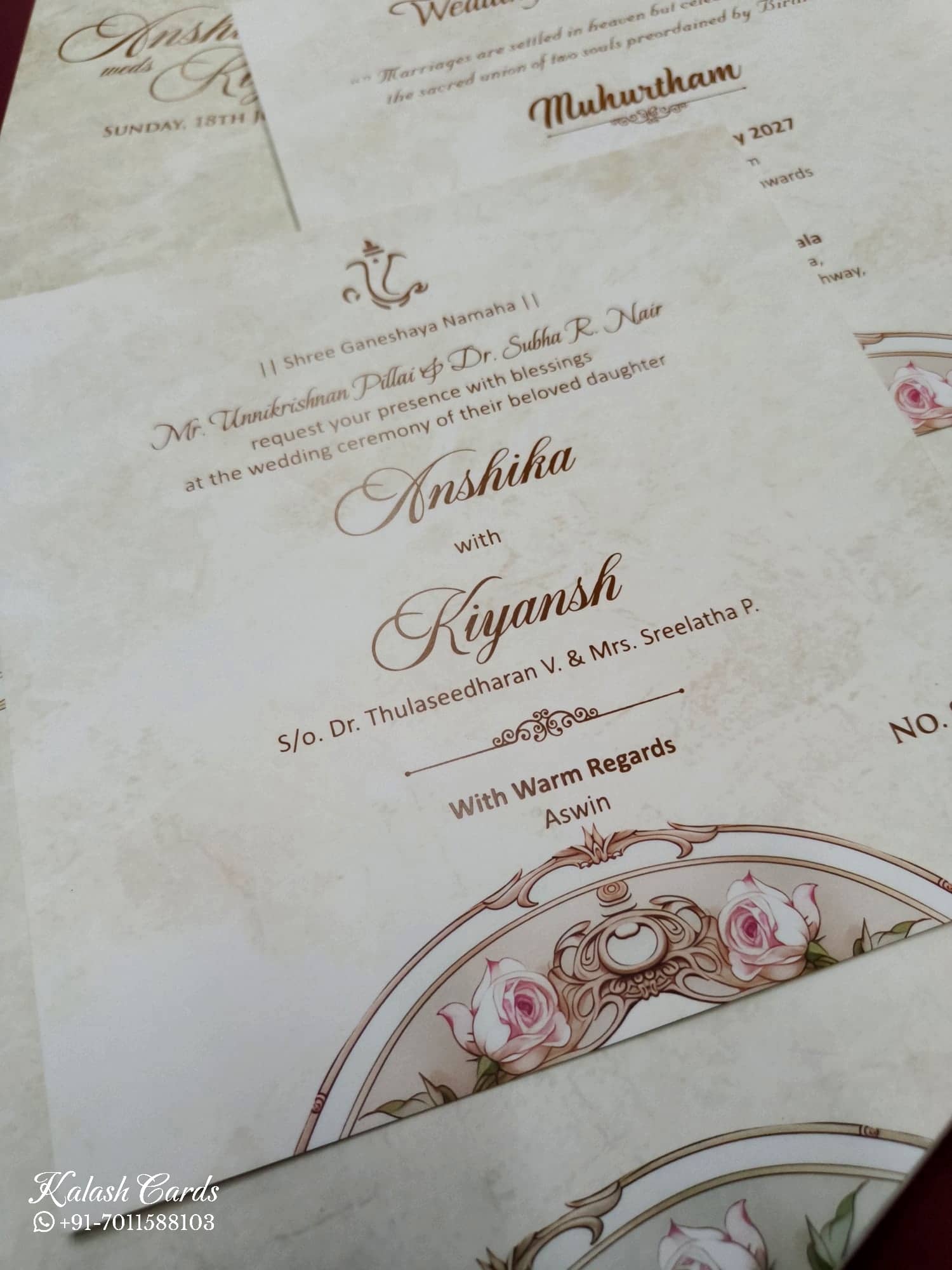 KLB706 Floral Design White Green Color Hardboard Padding Thick Wedding Card (2 Page & Couple Name Acrylic)