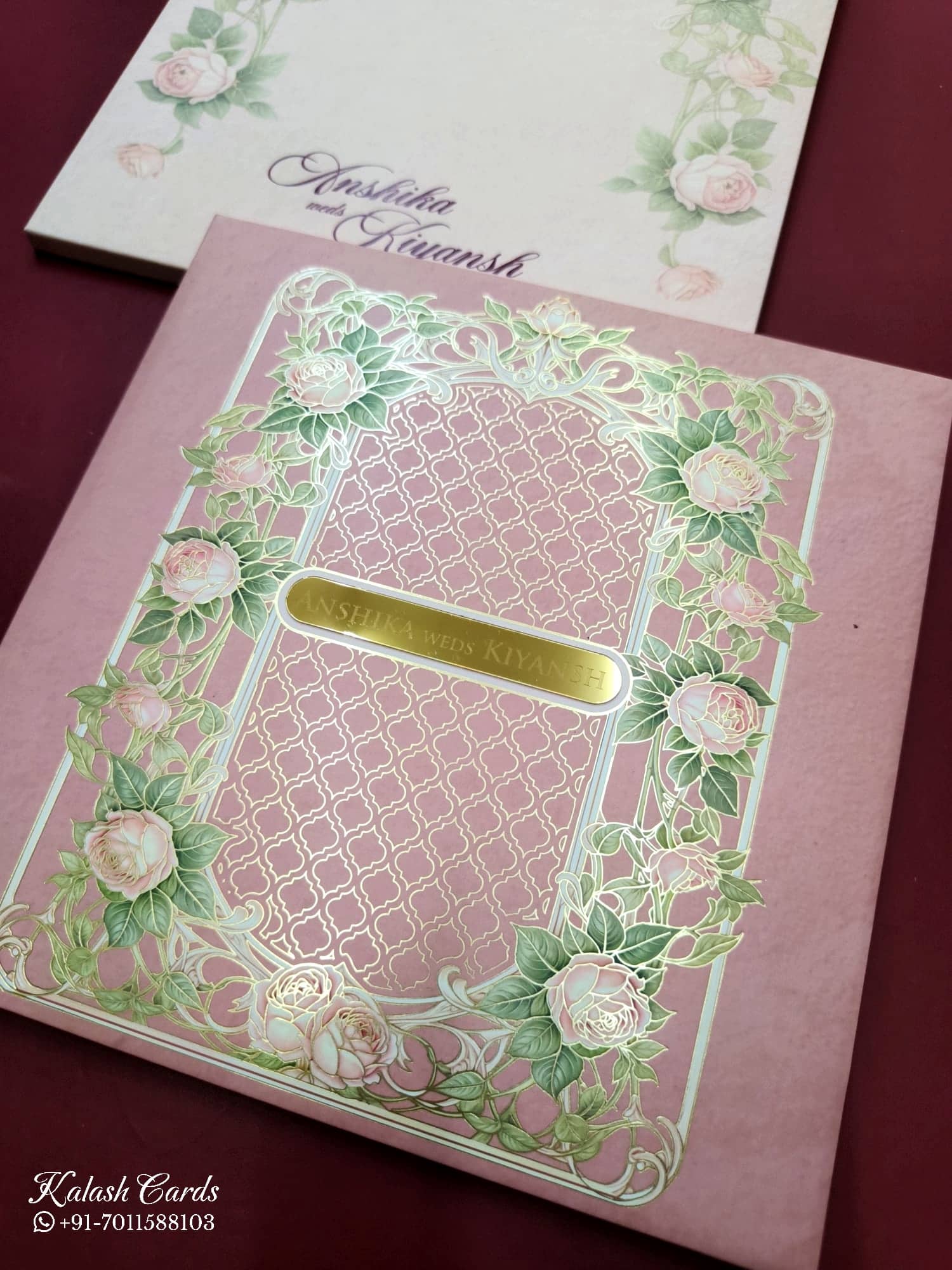 KLB707 Rose Floral Design Pink Color Hardboard Padding Thick Wedding Card (2 Page & Couple Name Acrylic)