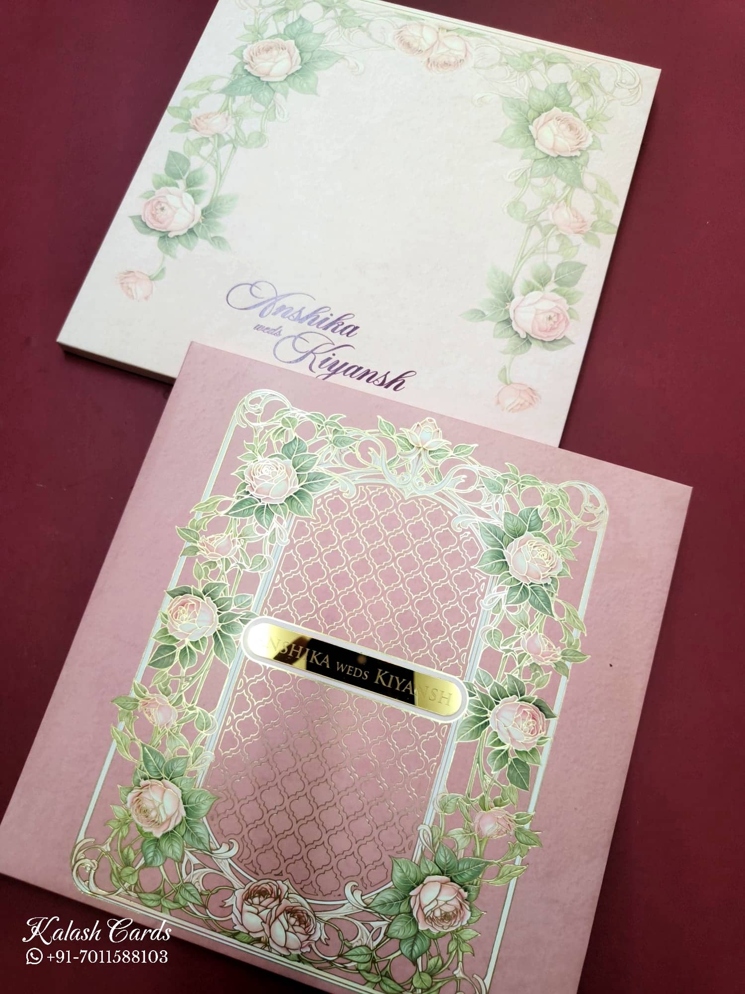 KLB707 Rose Floral Design Pink Color Hardboard Padding Thick Wedding Card (2 Page & Couple Name Acrylic)