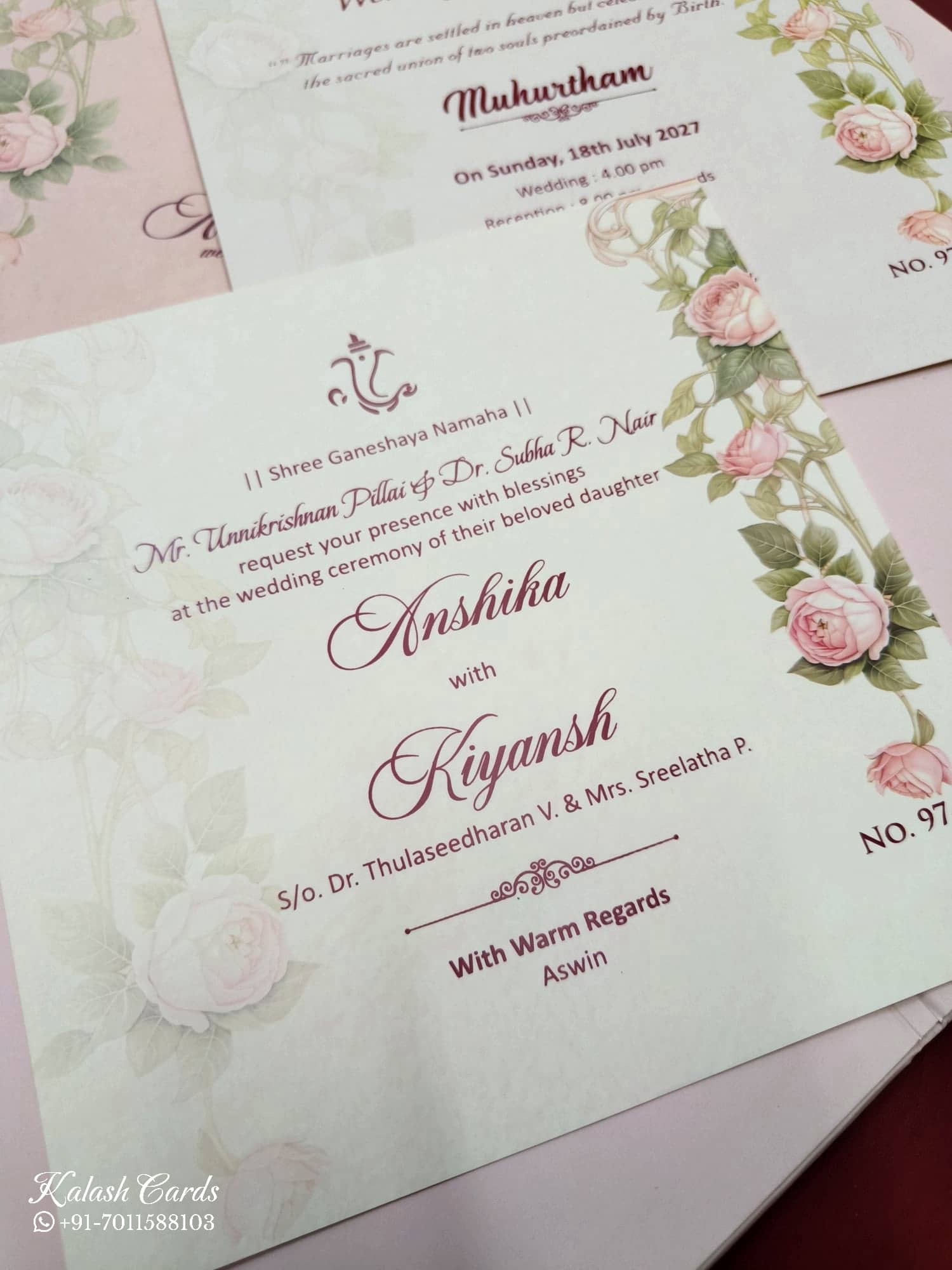 KLB707 Rose Floral Design Pink Color Hardboard Padding Thick Wedding Card (2 Page & Couple Name Acrylic)
