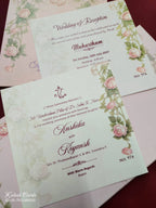 KLB707 Rose Floral Design Pink Color Hardboard Padding Thick Wedding Card (2 Page & Couple Name Acrylic)
