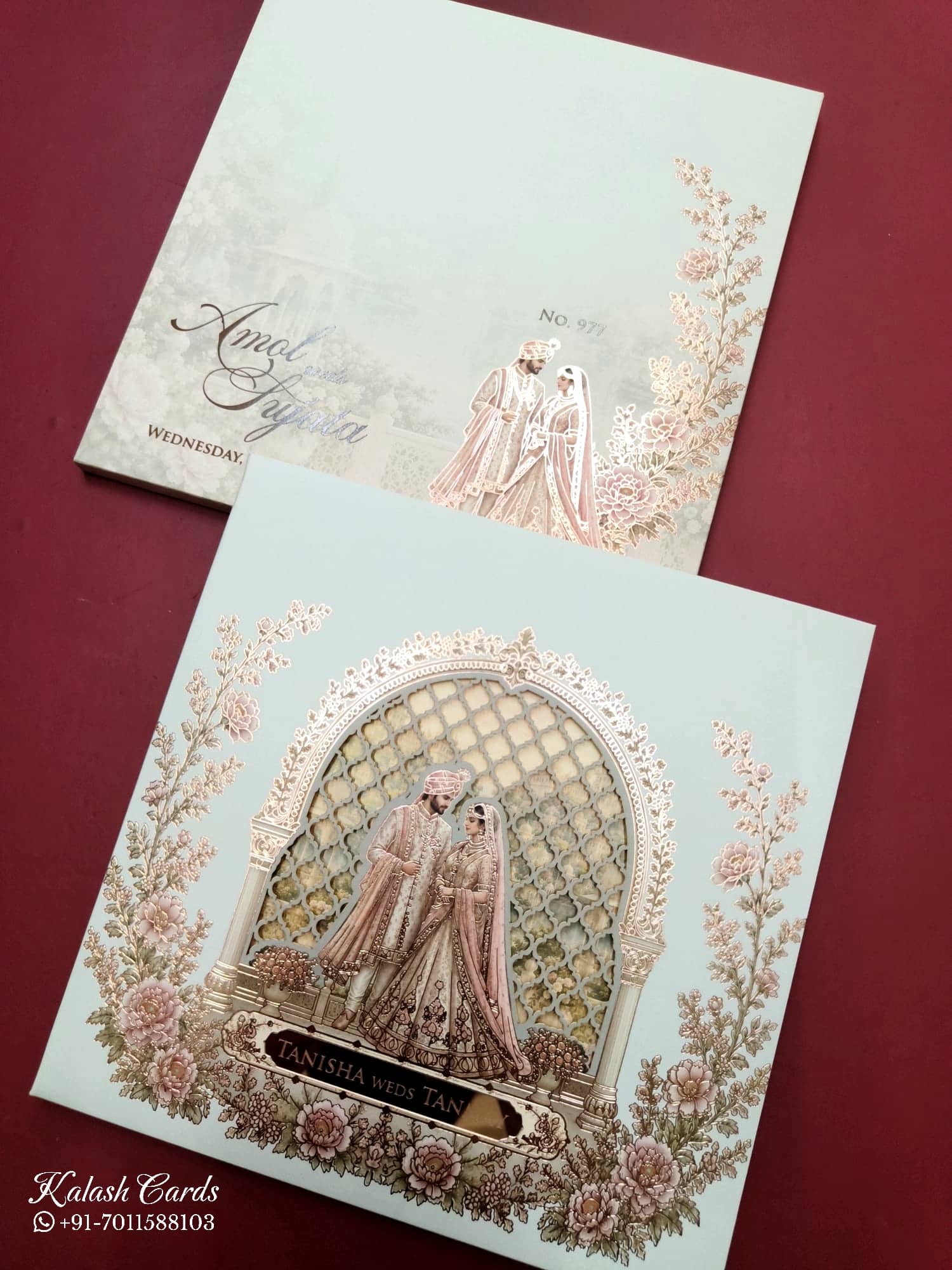 KLB708 Dulha Dulhan Design Laser Cut Hardboard Padding Thick Wedding Card (2 Page & Couple Name Acrylic)