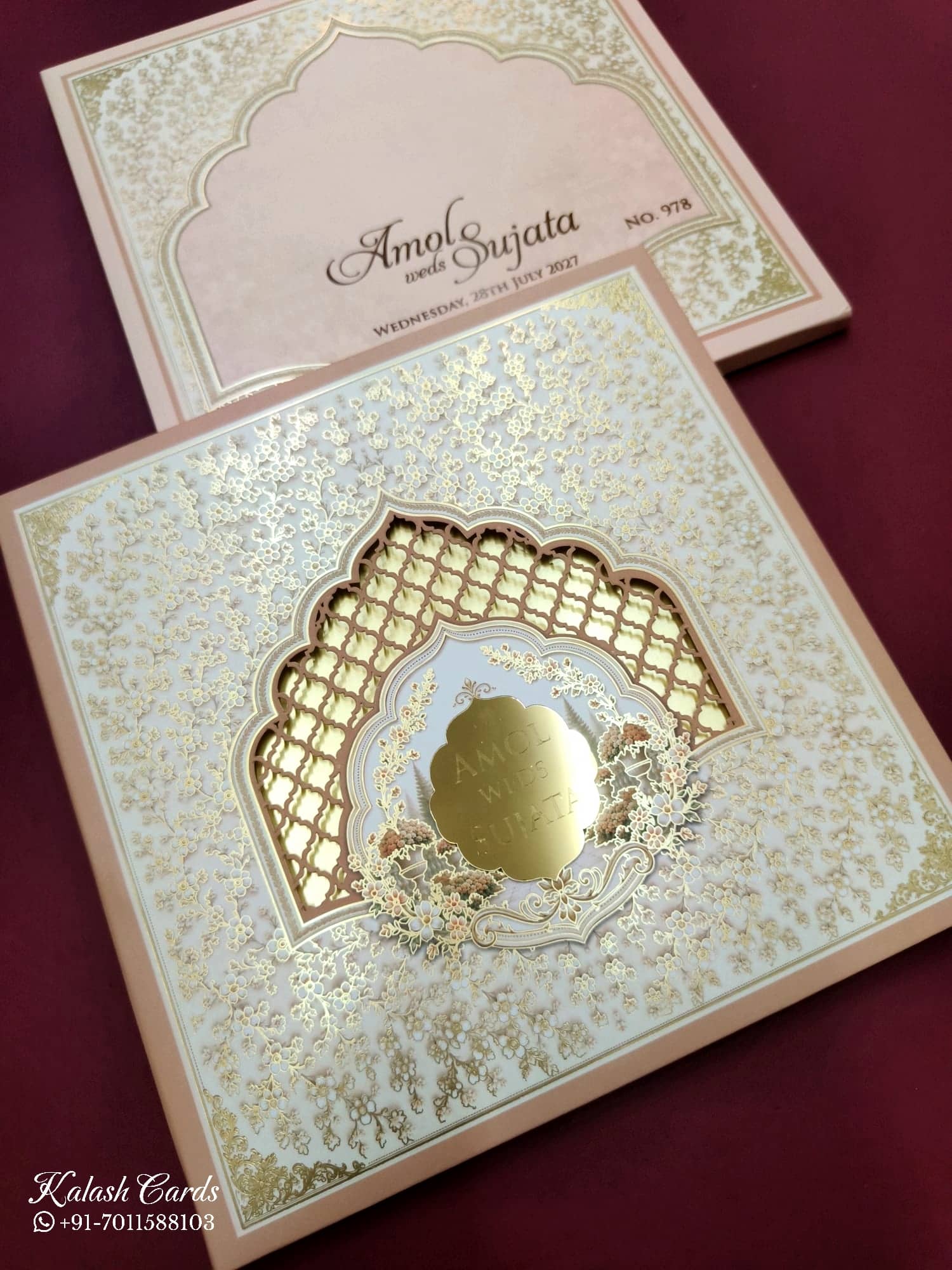 KLB709 Floral Traditional Design White Pink Color Laser Cut Hardboard Padding Thick Wedding Card (2 Page & Couple Name Acrylic)