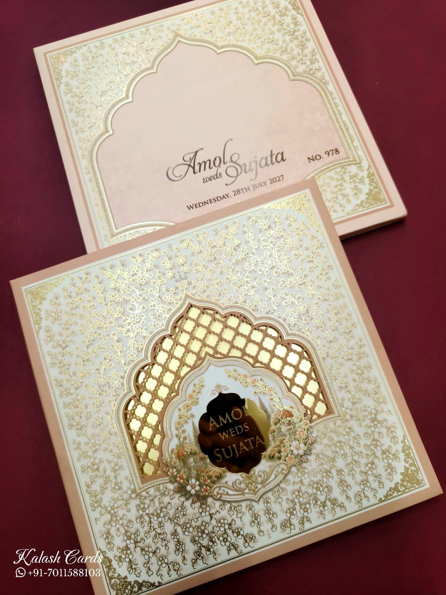 KLB709 Floral Traditional Design White Pink Color Laser Cut Hardboard Padding Thick Wedding Card (2 Page & Couple Name Acrylic)