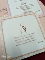 KLB709 Floral Traditional Design White Pink Color Laser Cut Hardboard Padding Thick Wedding Card (2 Page & Couple Name Acrylic)