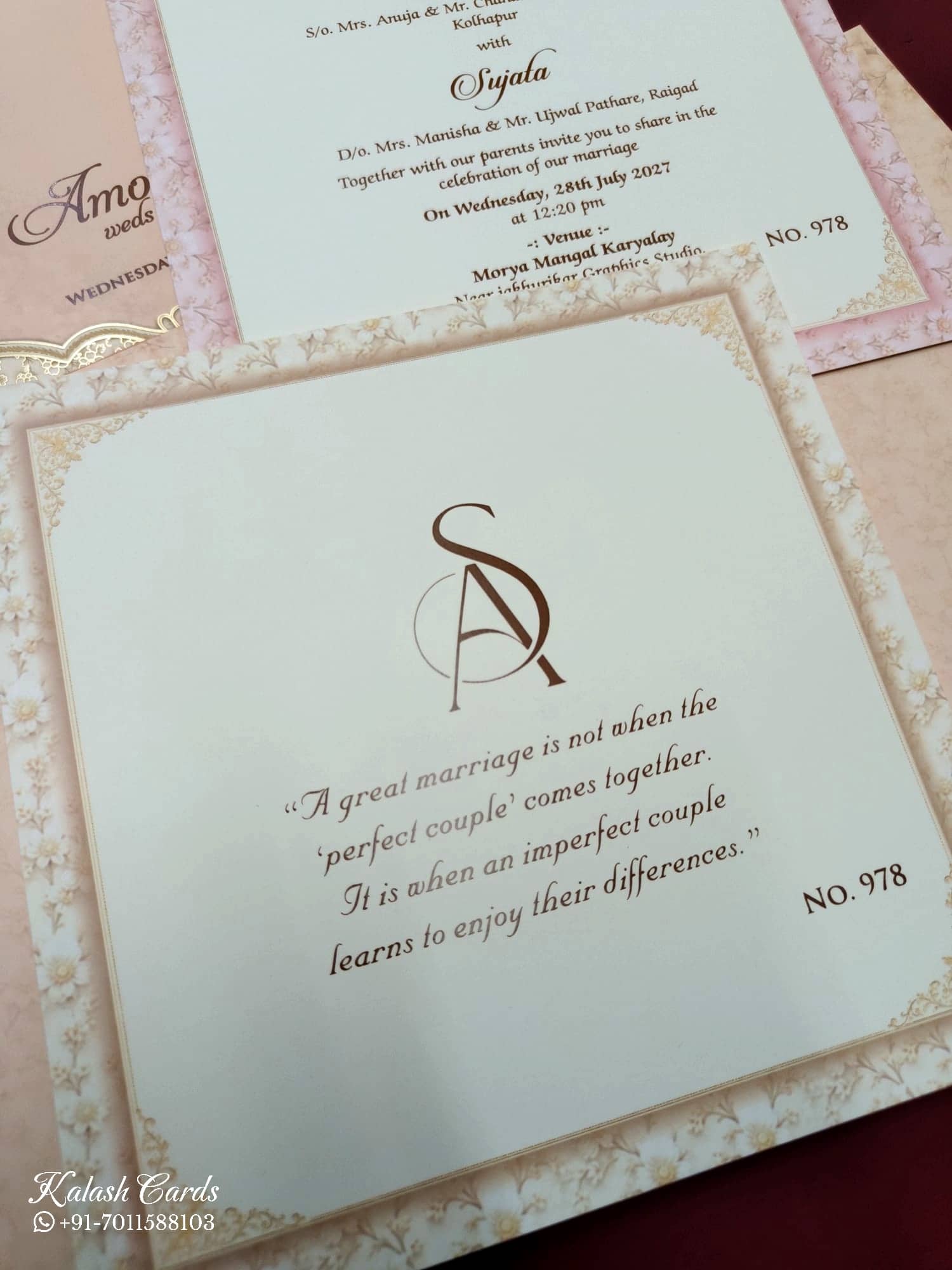 KLB709 Floral Traditional Design White Pink Color Laser Cut Hardboard Padding Thick Wedding Card (2 Page & Couple Name Acrylic)