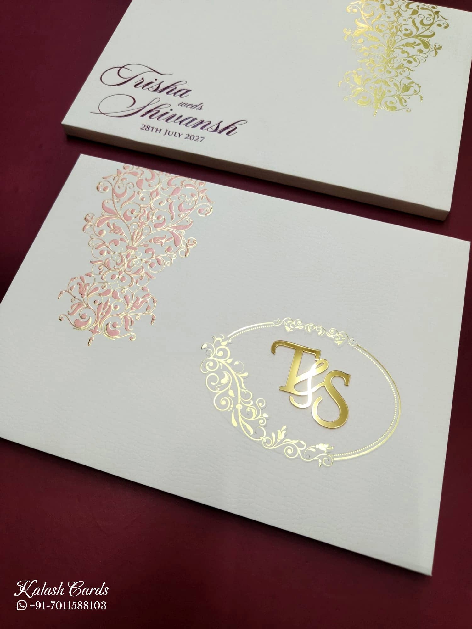 KLB710 Floral Design White Color Leatherette Embossed Hardboard Padding Thick Wedding Card (2 Page & Couple Initial Acrylic)