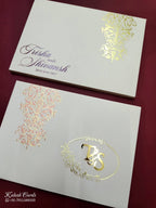 KLB710 Floral Design White Color Leatherette Embossed Hardboard Padding Thick Wedding Card (2 Page & Couple Initial Acrylic)