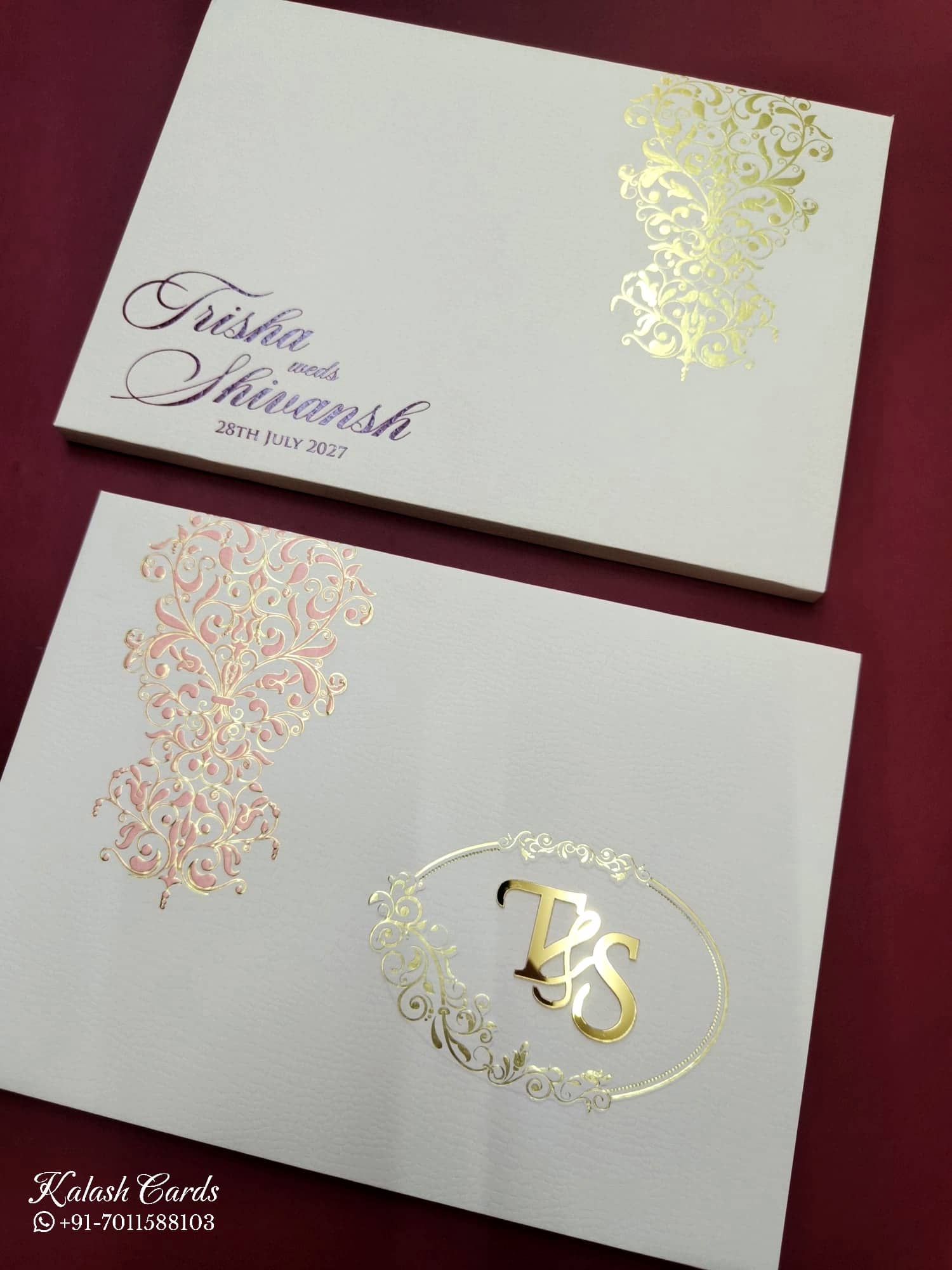 KLB710 Floral Design White Color Leatherette Embossed Hardboard Padding Thick Wedding Card (2 Page & Couple Initial Acrylic)
