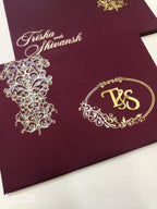 KLB711 Floral Design Maroon Color Laser Cut Embossed Hardboard Padding Thick Wedding Card (2 Page & Couple Initial Acrylic)