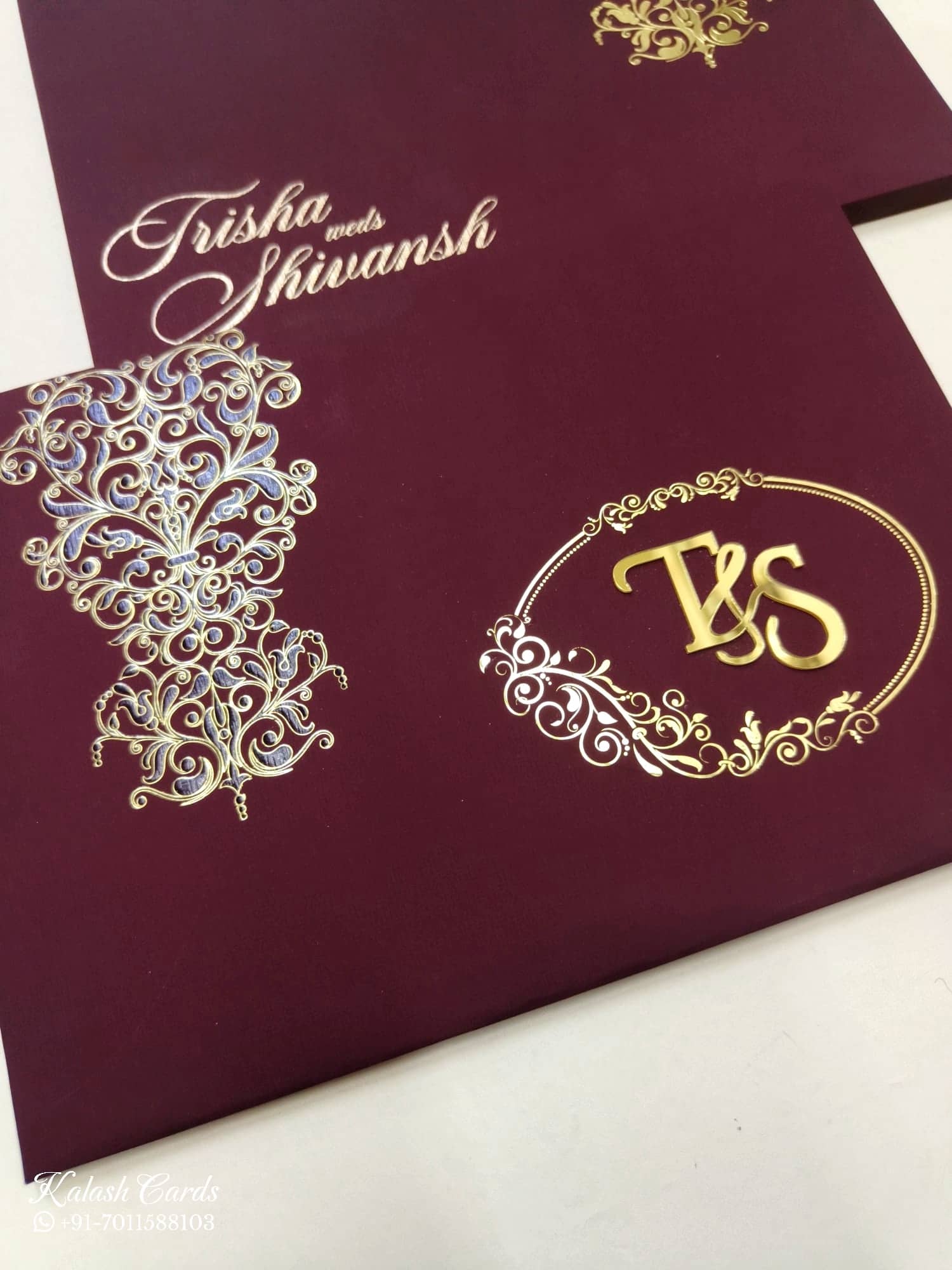 KLB711 Floral Design Maroon Color Laser Cut Embossed Hardboard Padding Thick Wedding Card (2 Page & Couple Initial Acrylic)